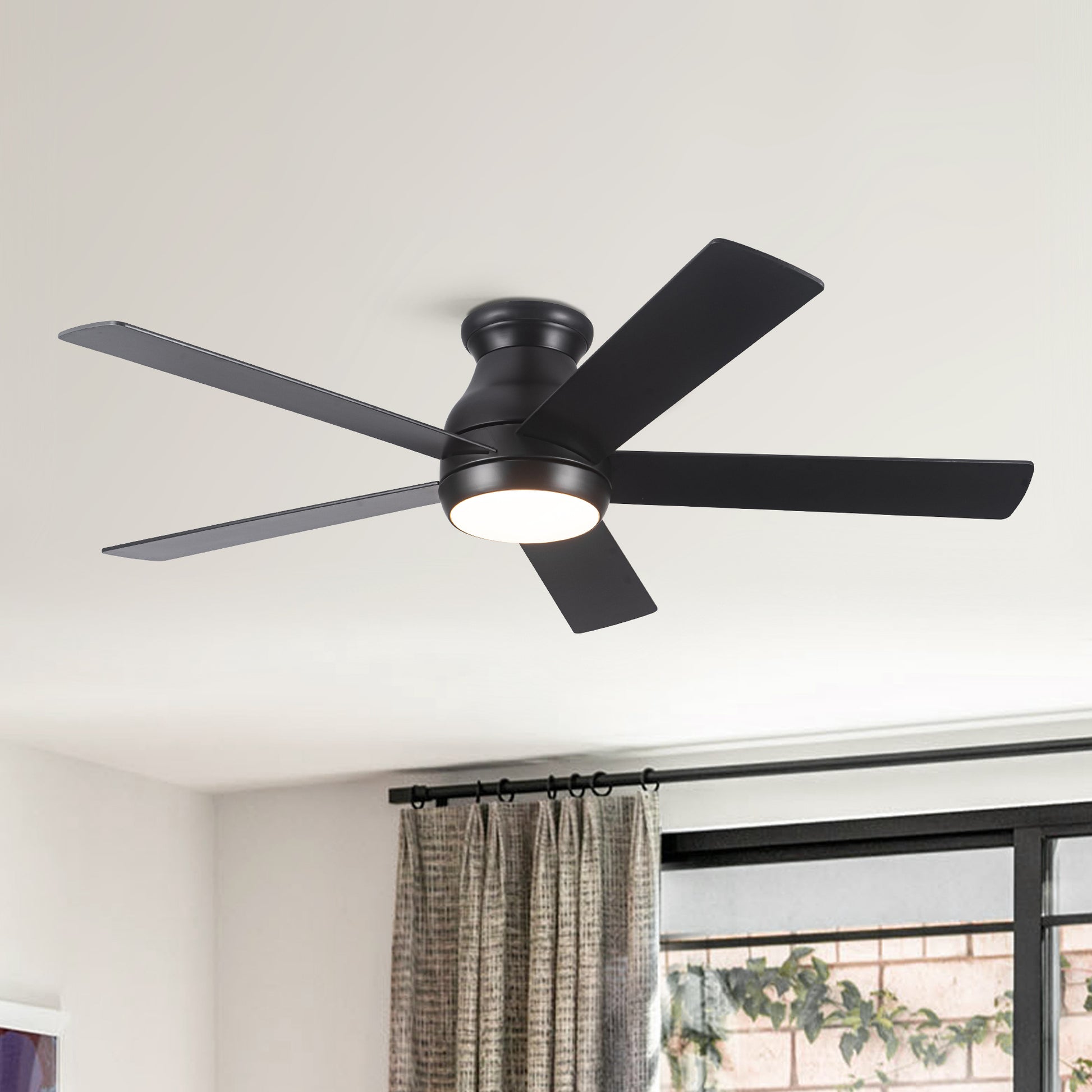 52" Low Profile Ceiling Fan With Lights Antique Black Modern Plywood Metal