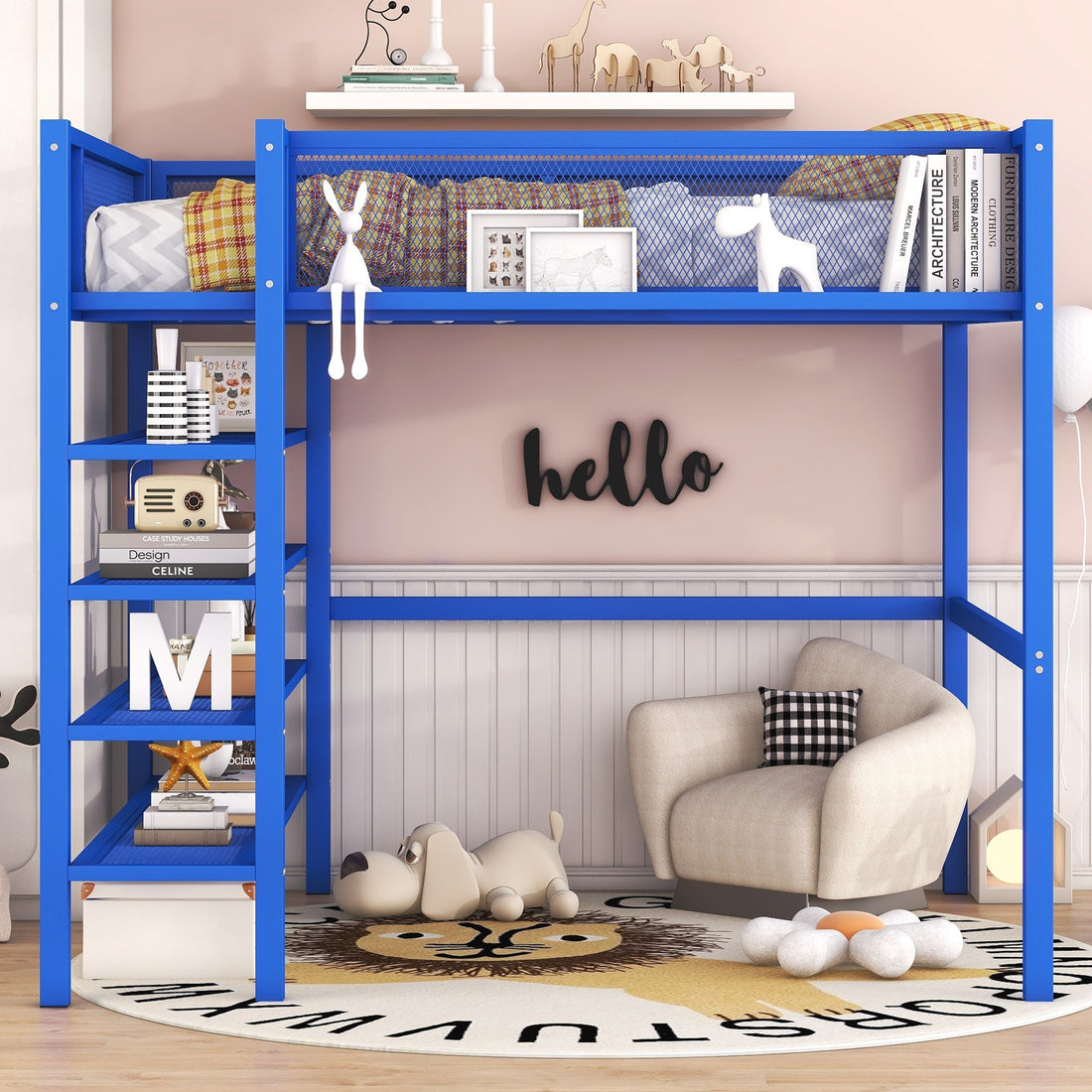 Full Size Metal Loft Bed With 4 Tier Shelves And Storage, Blue Full Blue Metal