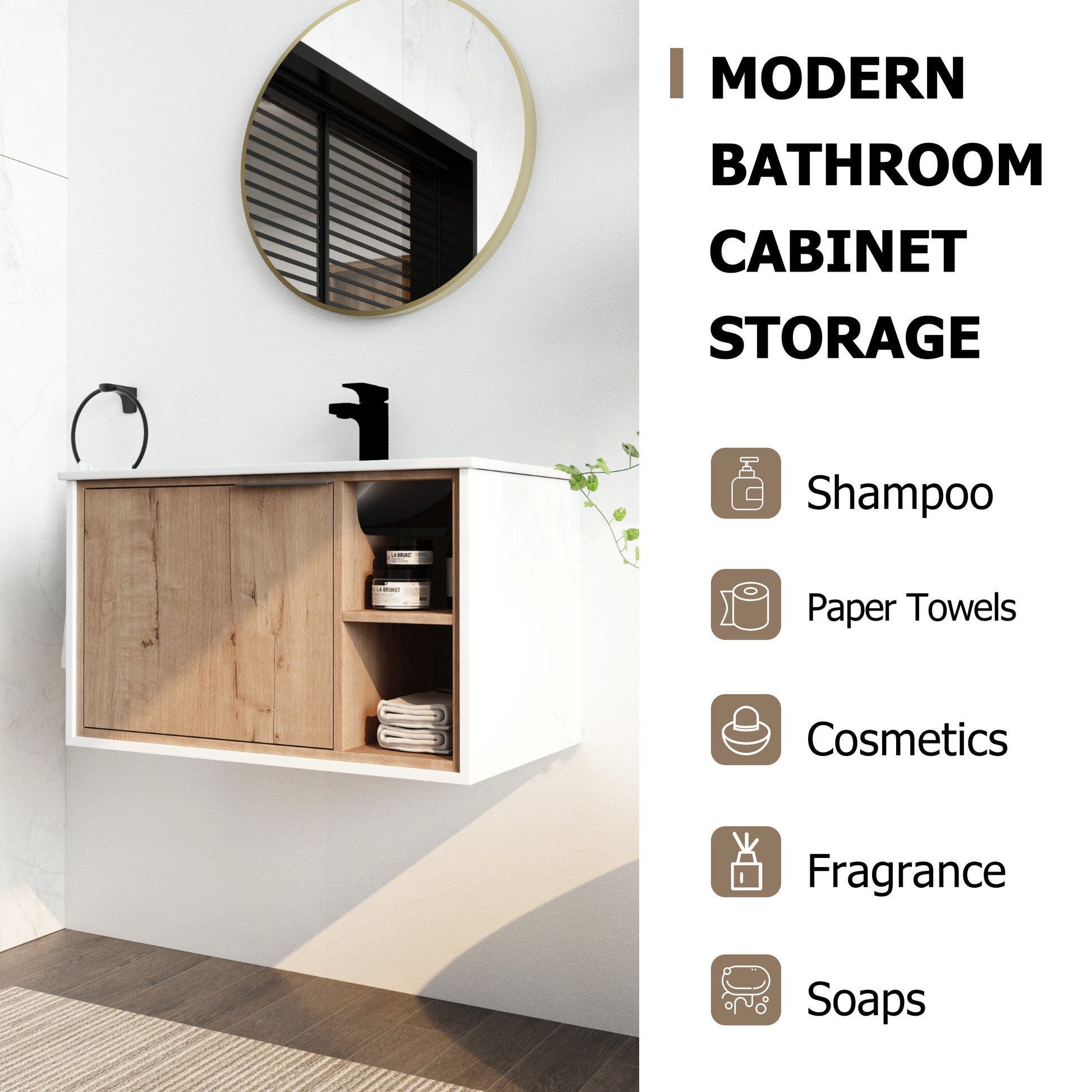 30'' Floating Wall Mounted Bathroom Vanity With Ceramics Sink & Soft Close Cabinet Door Imitative Oak 1 2 Soft Close Doors Bathroom Wall Mounted Modern Plywood