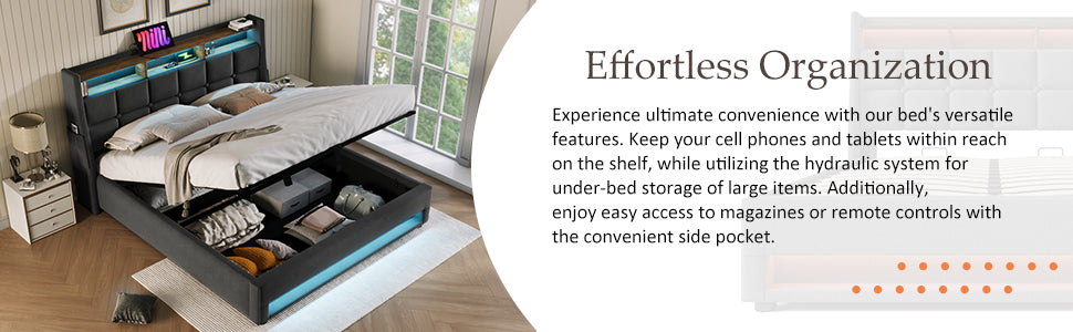 Queen Size Upholstered Platform Bed With A Hydraulic Storage System, Led And Usb Charging, Grey Without Mattress Queen Grey Metal & Wood