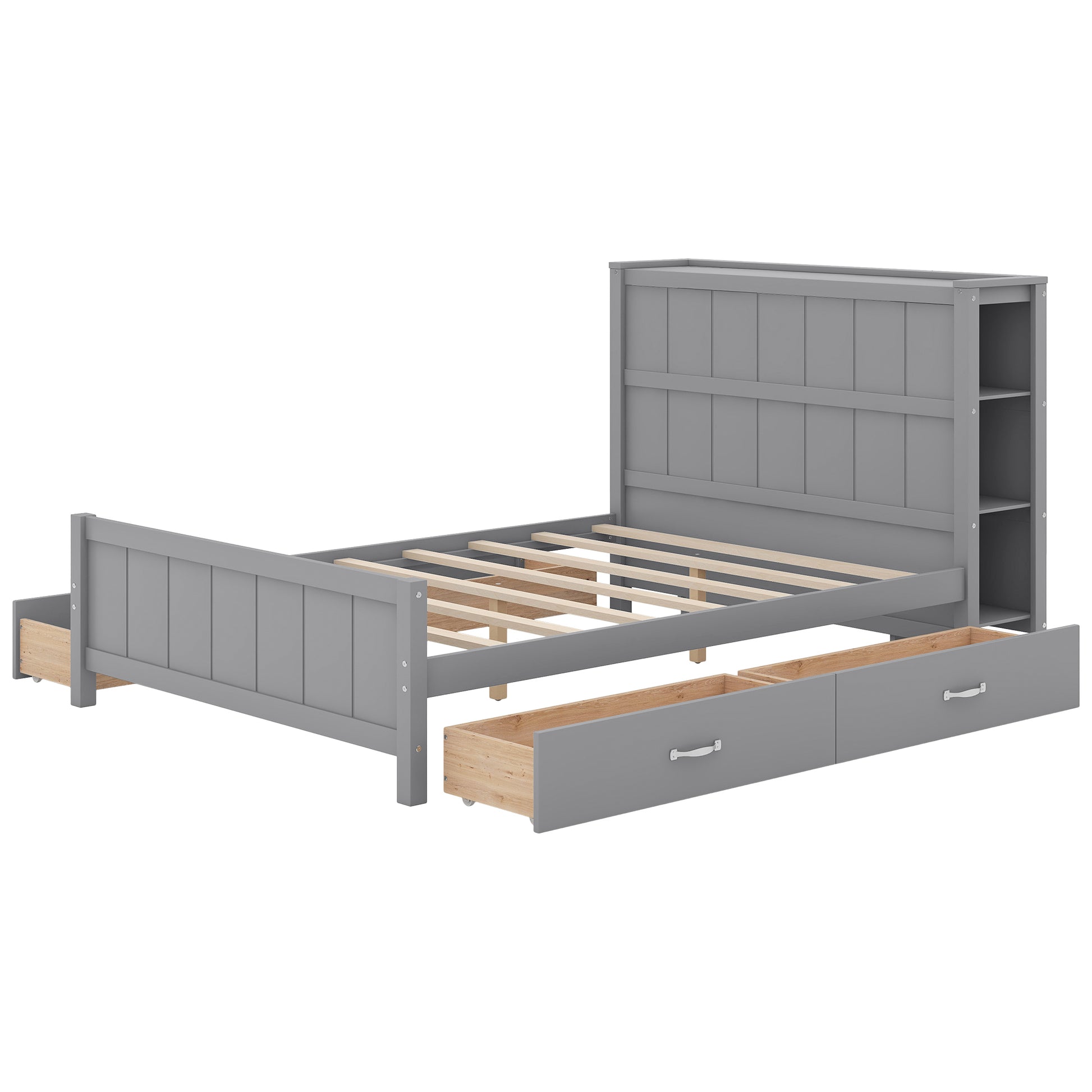 Full Size Platform Bed With Drawers And Storage Shelves, Gray Gray Solid Wood Mdf