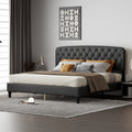 King Size Adjustable Headboard With Fine Linen Upholstery And Button Tufting For Bedroom, Wave Top Dark Grey Dark Grey Wood