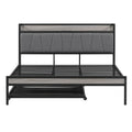 Queen Size Metal Platform Bed Frame With Twin Size Trundle, Upholstered Headboard, Sockets, Usb Ports And Slat Support, No Box Spring Needed, Black Black Metal