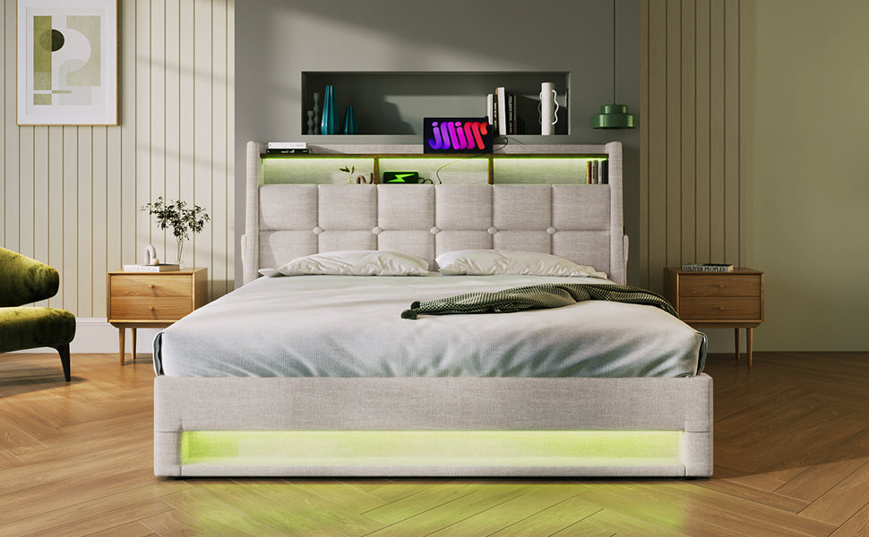 Queen Size Upholstered Platform Bed With A Hydraulic Storage System, Led And Usb Charging, Natural Without Mattress Queen Natural Metal & Wood