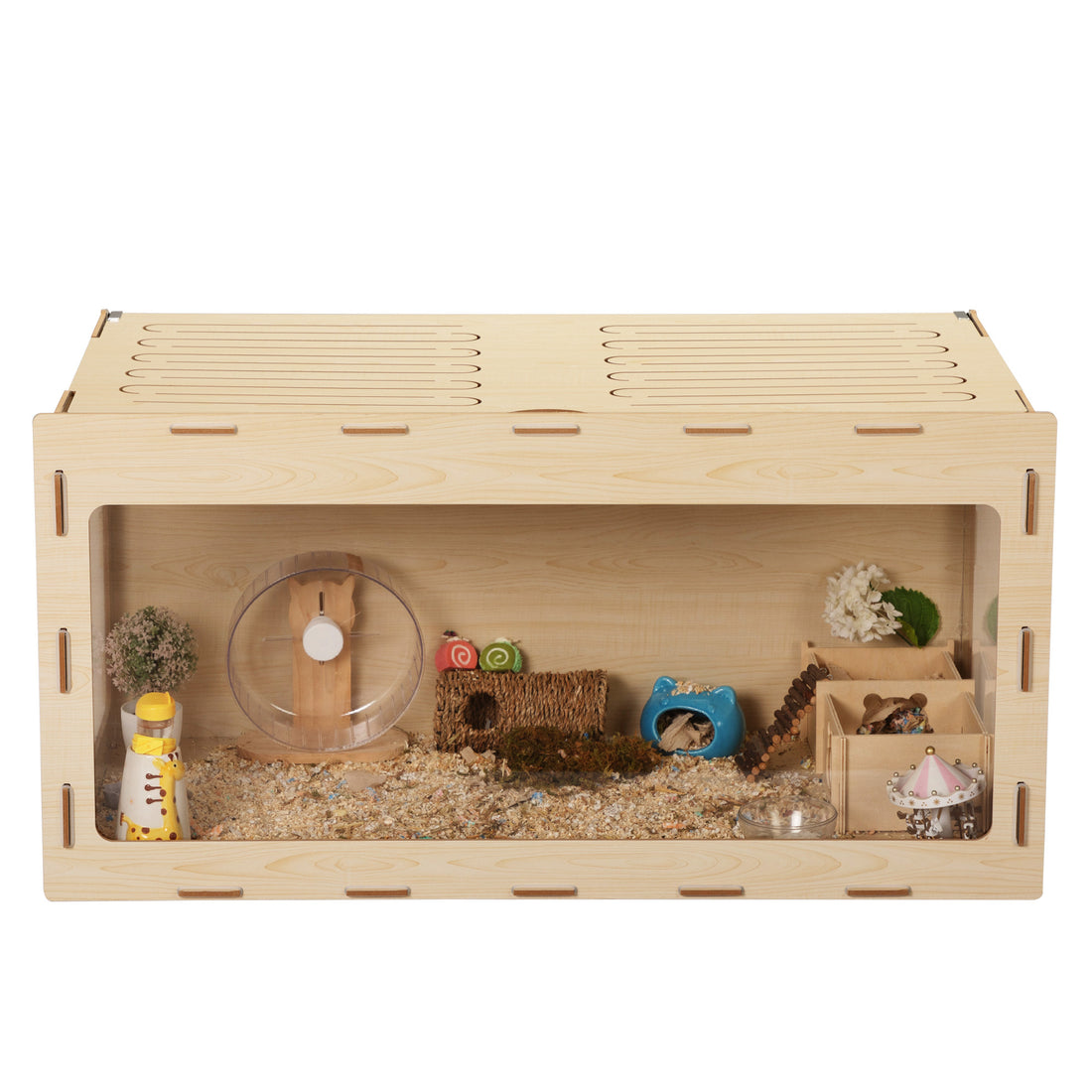 Wooden Hamster Cage Small Animals House, Acrylic Hutch For Dwarf Hamster, Guinea Pig, Chinchilla, Opening Top With Air Vents Natural Mdf