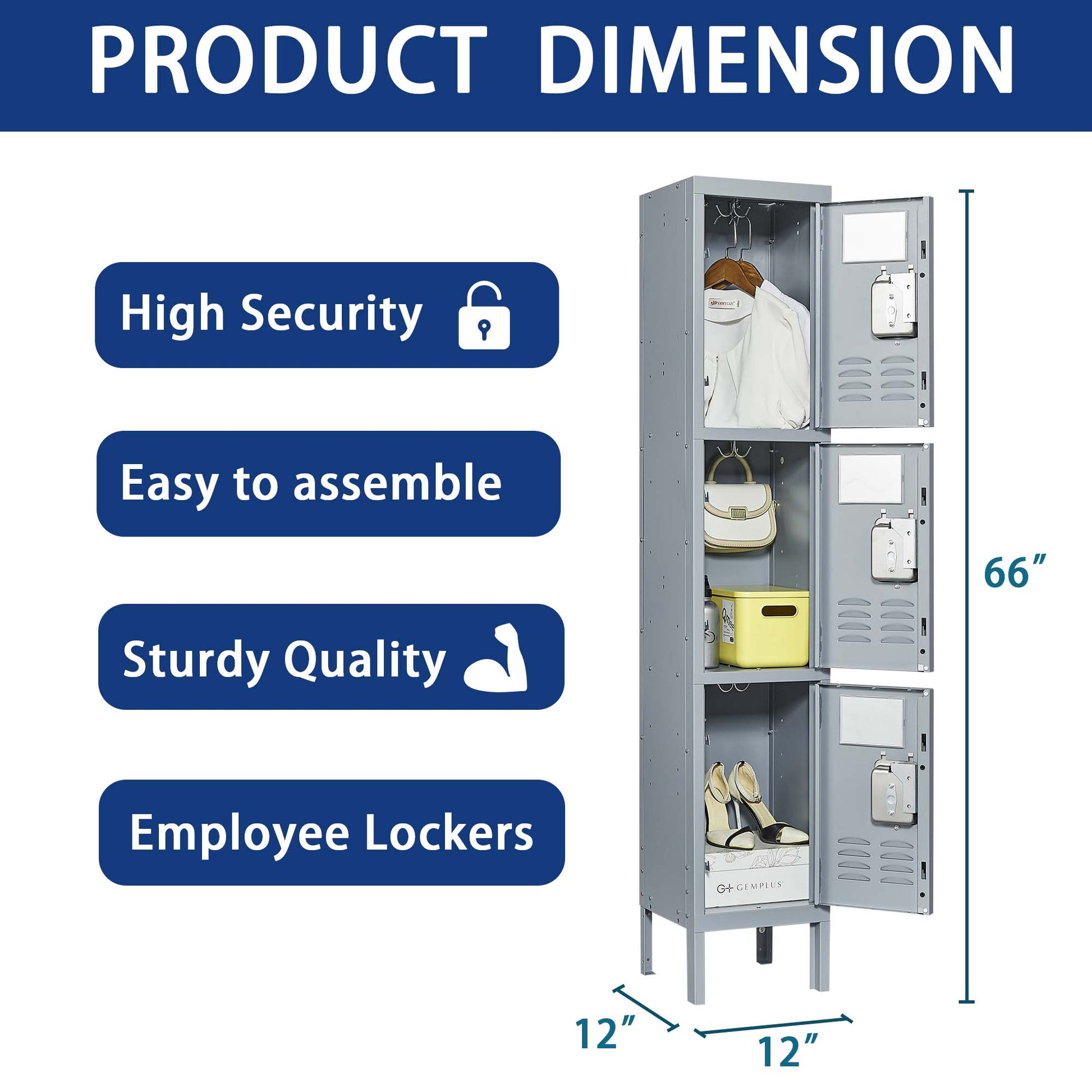 3 Door 66"H Metal Lockers With Lock For Employees,Storage Locker Cabinet For Home Gym Office School Garage,Gray Freestanding 3 4 Spaces Gray Gym Door Locks Modern Metal Metal