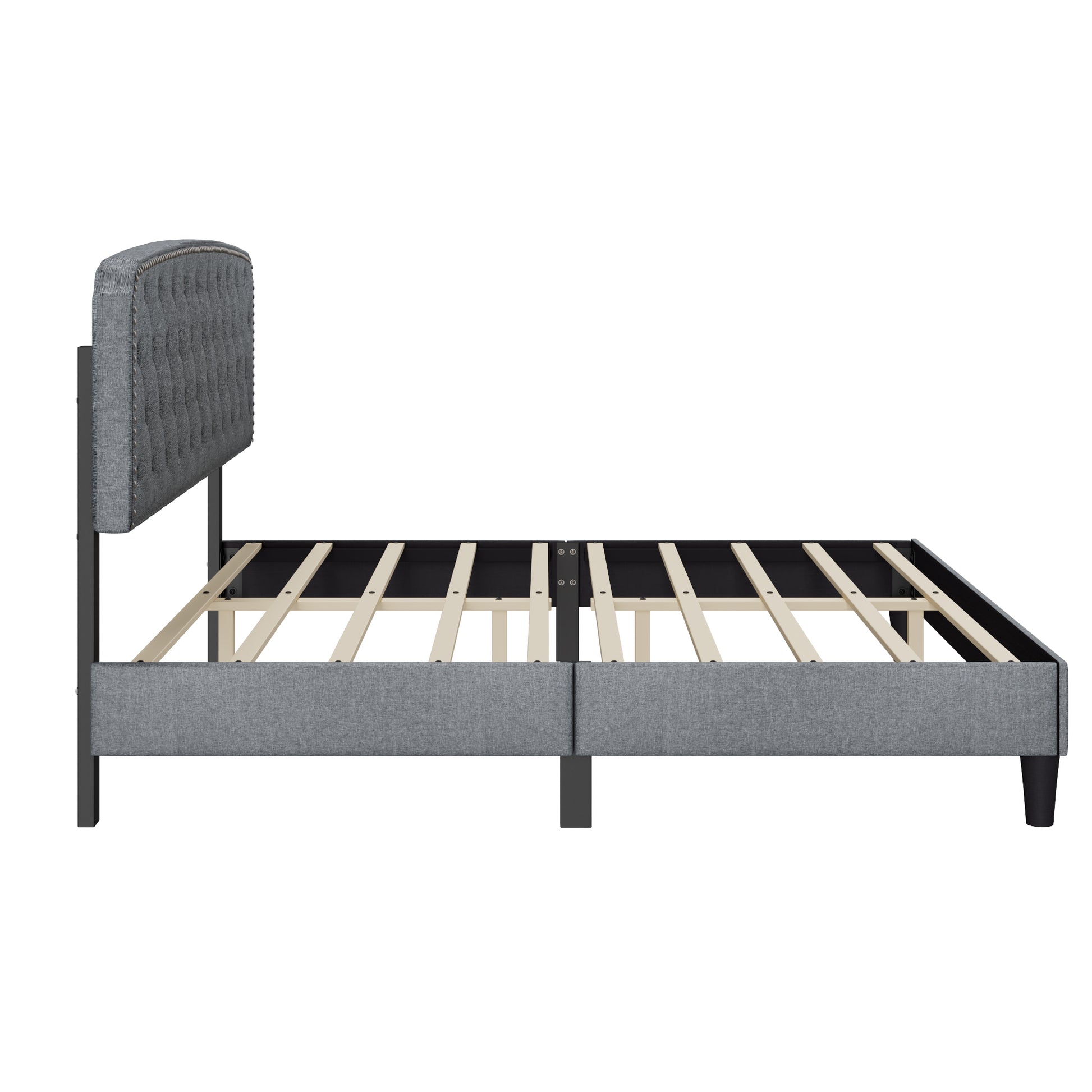 King Size Adjustable Headboard With Fine Linen Upholstery And Button Tufting For Bedroom, Wave Top Light Grey Light Grey Wood