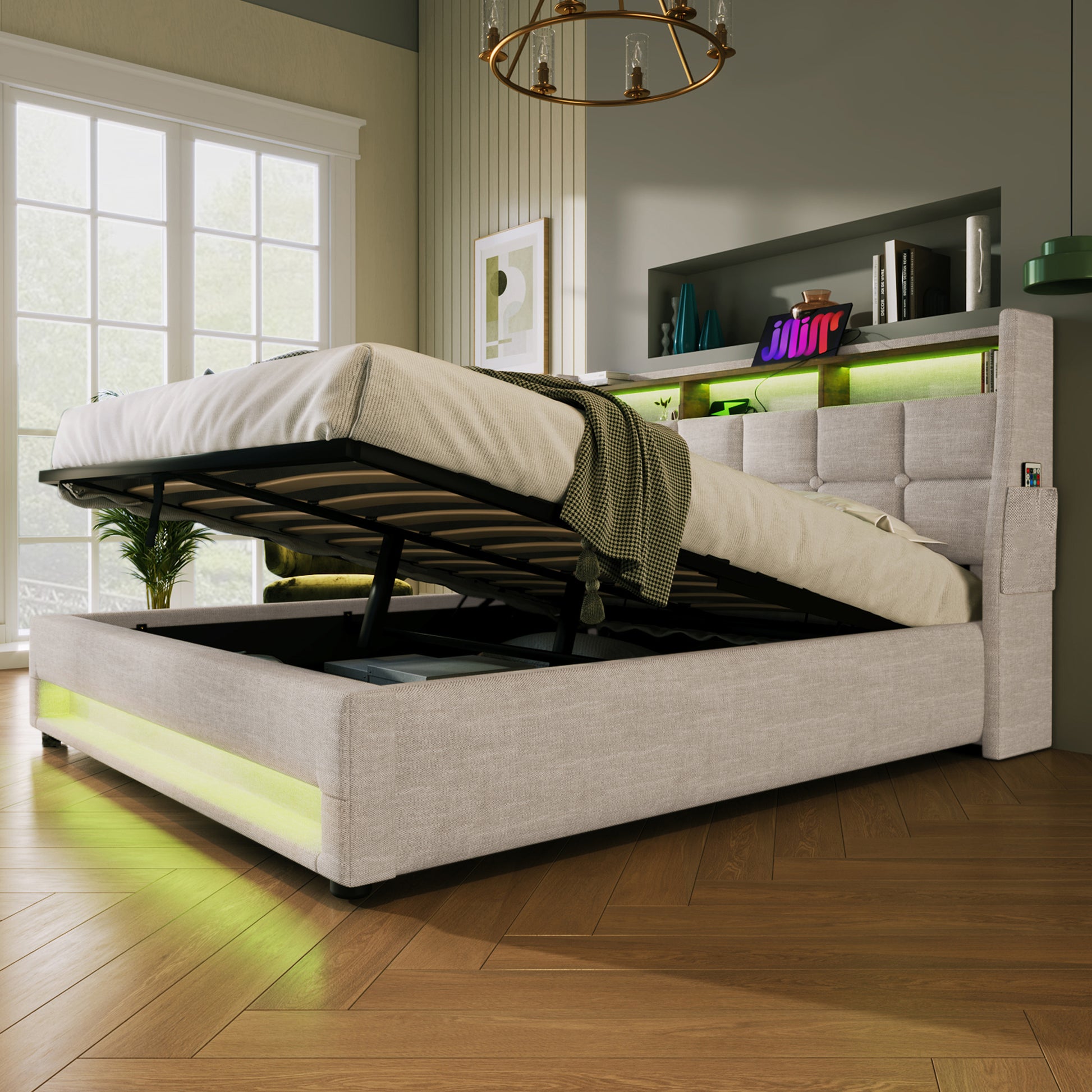 Queen Size Upholstered Platform Bed With A Hydraulic Storage System, Led And Usb Charging, Natural Without Mattress Queen Natural Metal & Wood