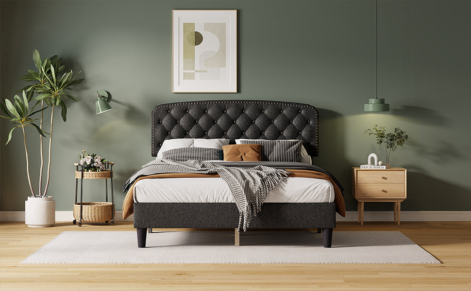 Queen Size Adjustable Headboard With Fine Linen Upholstery And Button Tufting For Bedroom, Wave Top Dark Grey Dark Grey Wood