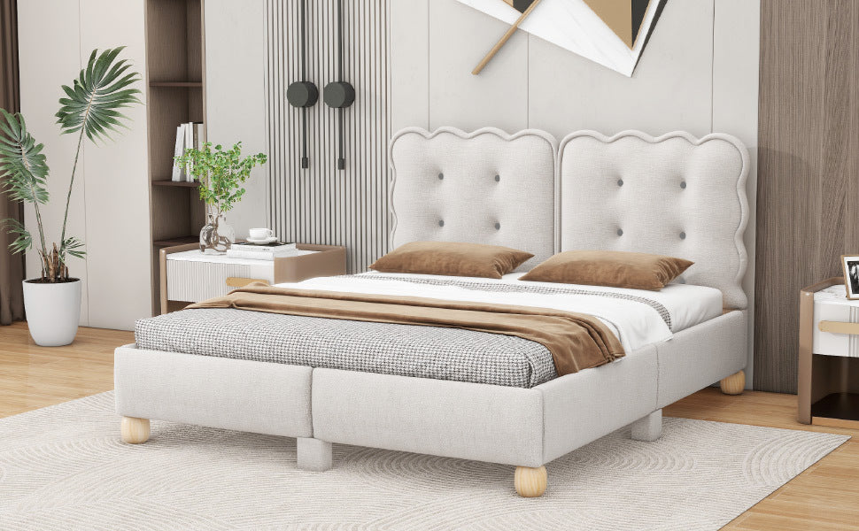 Queen Size Upholstered Platform Bed With Support Legs,Beige Beige Upholstered