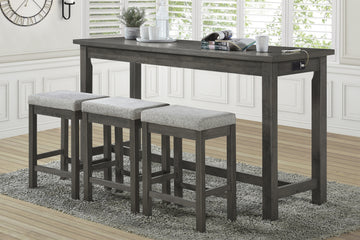 4Pc Counter Height Dining Set Gray Finish Counter Height Table W Drawer Built In Usb Ports Power Outlets And 3 Stools Casual Dining Furniture Wood Wood Gray Wood Dining Room Casual,Transitional Rectangular Dining Table With Chair Wood