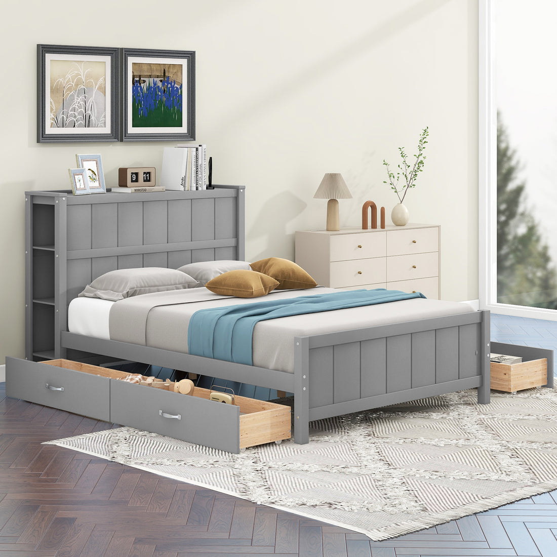 Full Size Platform Bed With Drawers And Storage Shelves, Gray Gray Solid Wood Mdf