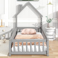 Twin House Shaped Headboard Floor Bed With Fence,Grey Twin Grey Wood Bedroom American Design Pine Bed Frame Pine