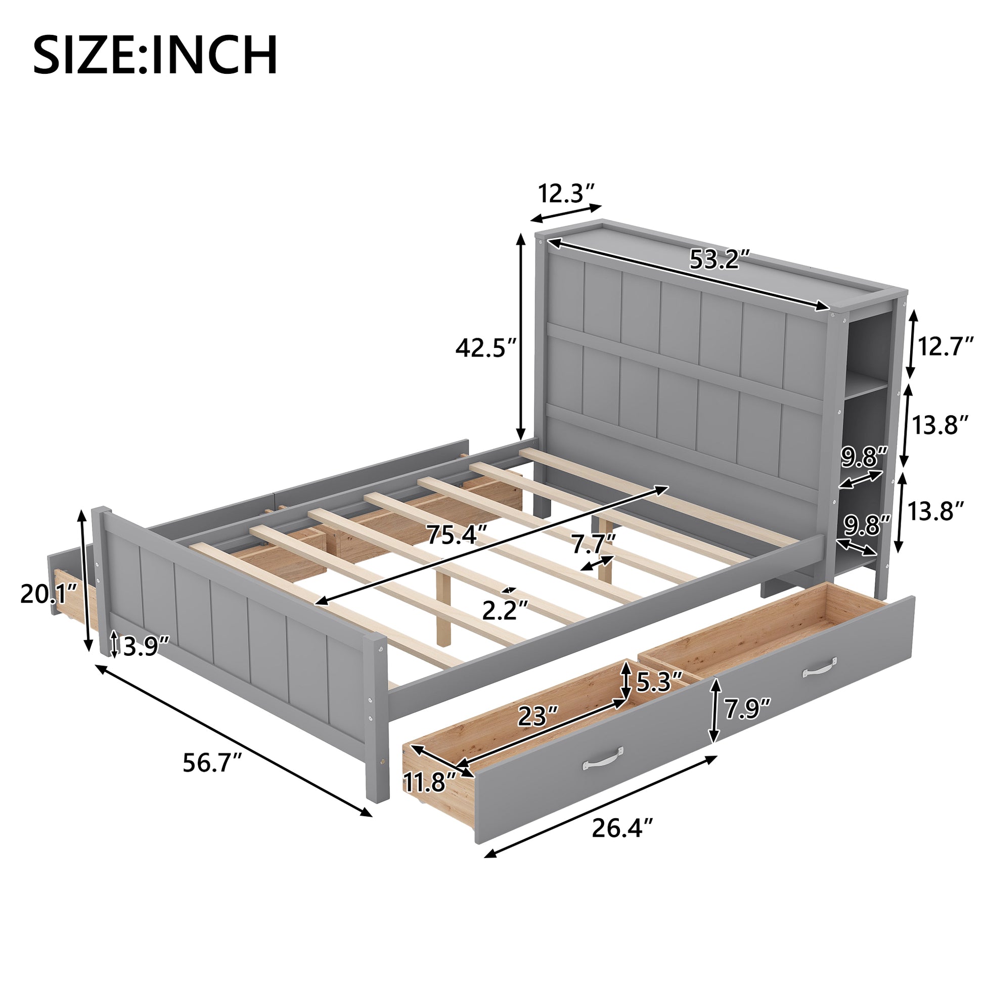 Full Size Platform Bed With Drawers And Storage Shelves, Gray Gray Solid Wood Mdf