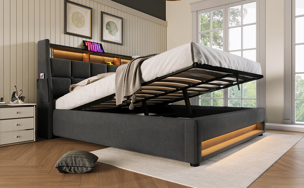 Full Size Upholstered Platform Bed With A Hydraulic Storage System, Led And Usb Charging, Grey Without Mattress Full Grey Metal & Wood