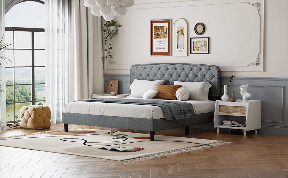 King Size Adjustable Headboard With Fine Linen Upholstery And Button Tufting For Bedroom, Wave Top Light Grey Light Grey Wood