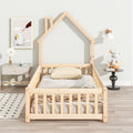 Twin House Shaped Headboard Floor Bed With Fence,Natural Twin Natural Wood Bedroom American Design Pine Bed Frame Pine