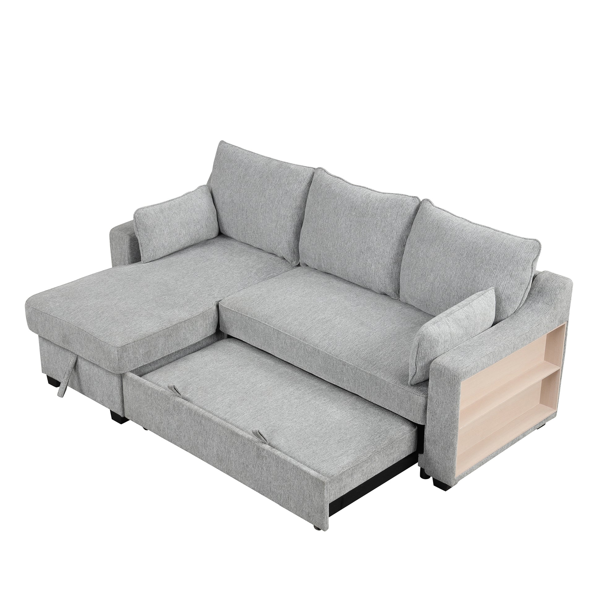 90" Pull Out Sleeper Sofa L Shaped Couch Convertible Sofa Bed With Storage Chaise, Storage Racks And Usb Ports, Light Grey Light Grey Foam Polyester 3 Seat