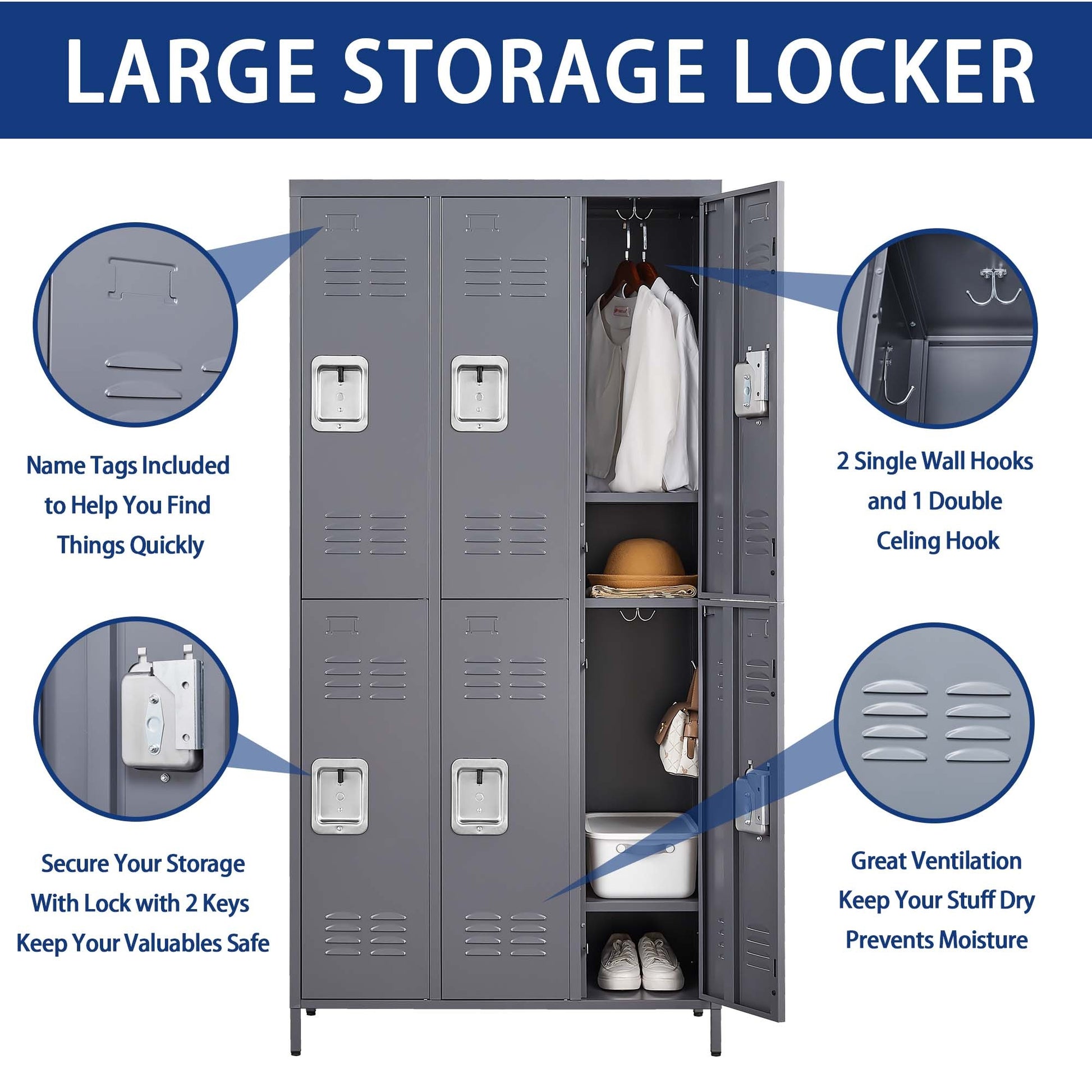 6 Door 72"H Metal Lockers With Lock For Employees,Storage Locker Cabinet For Home Gym Office School Garage,Gray Freestanding 5 Or More Spaces Gray Gym Door Locks Modern Metal Metal