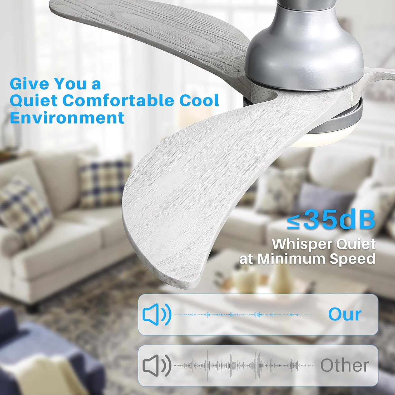 52 Inch Modern Ceiling Fan With 3 Color Dimmable Solid Wood Blades Remote Control Reversible Dc Motor For Bedroom Silver Metal & Wood