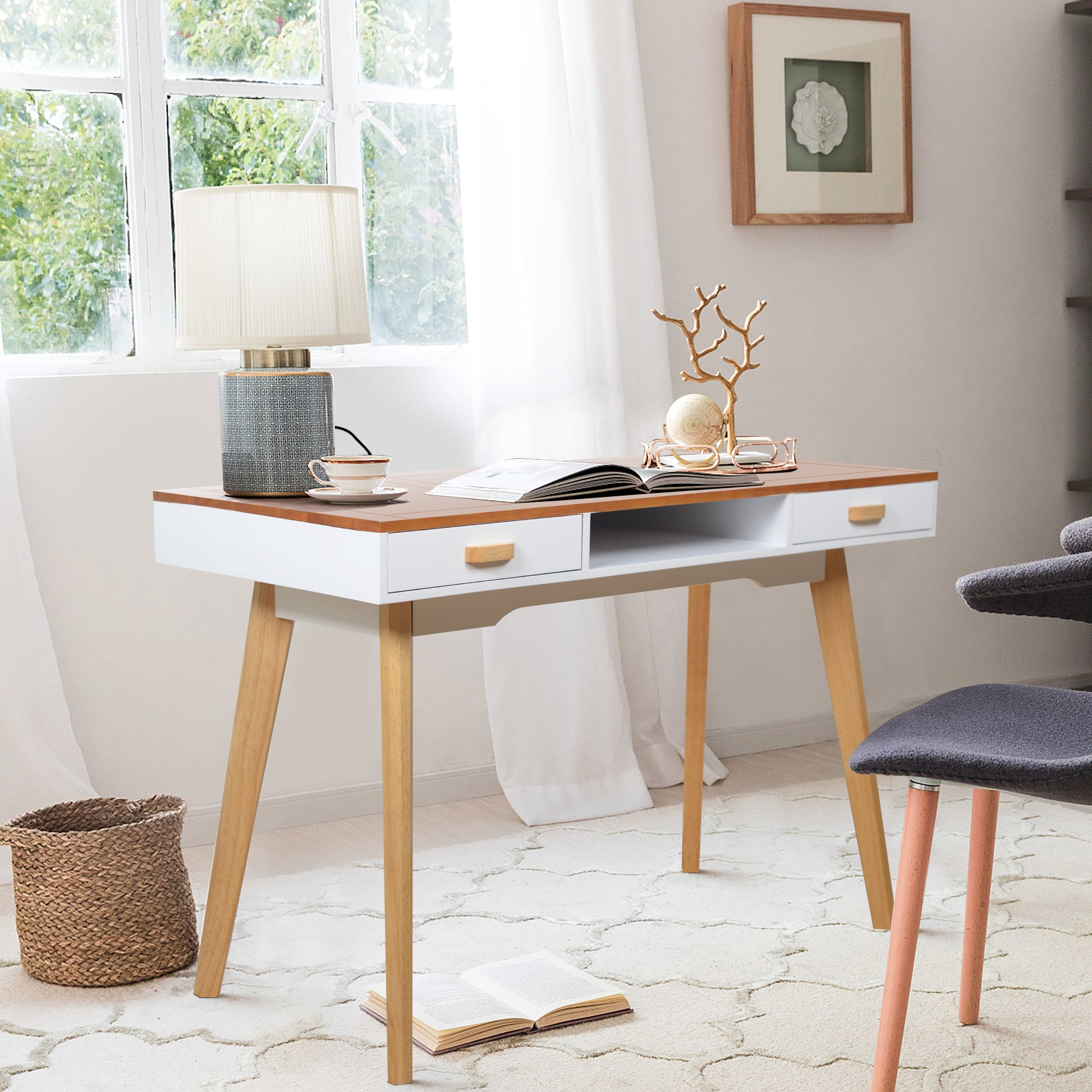 Double Drawn Solid Wood Computer Desk Natural Wood
