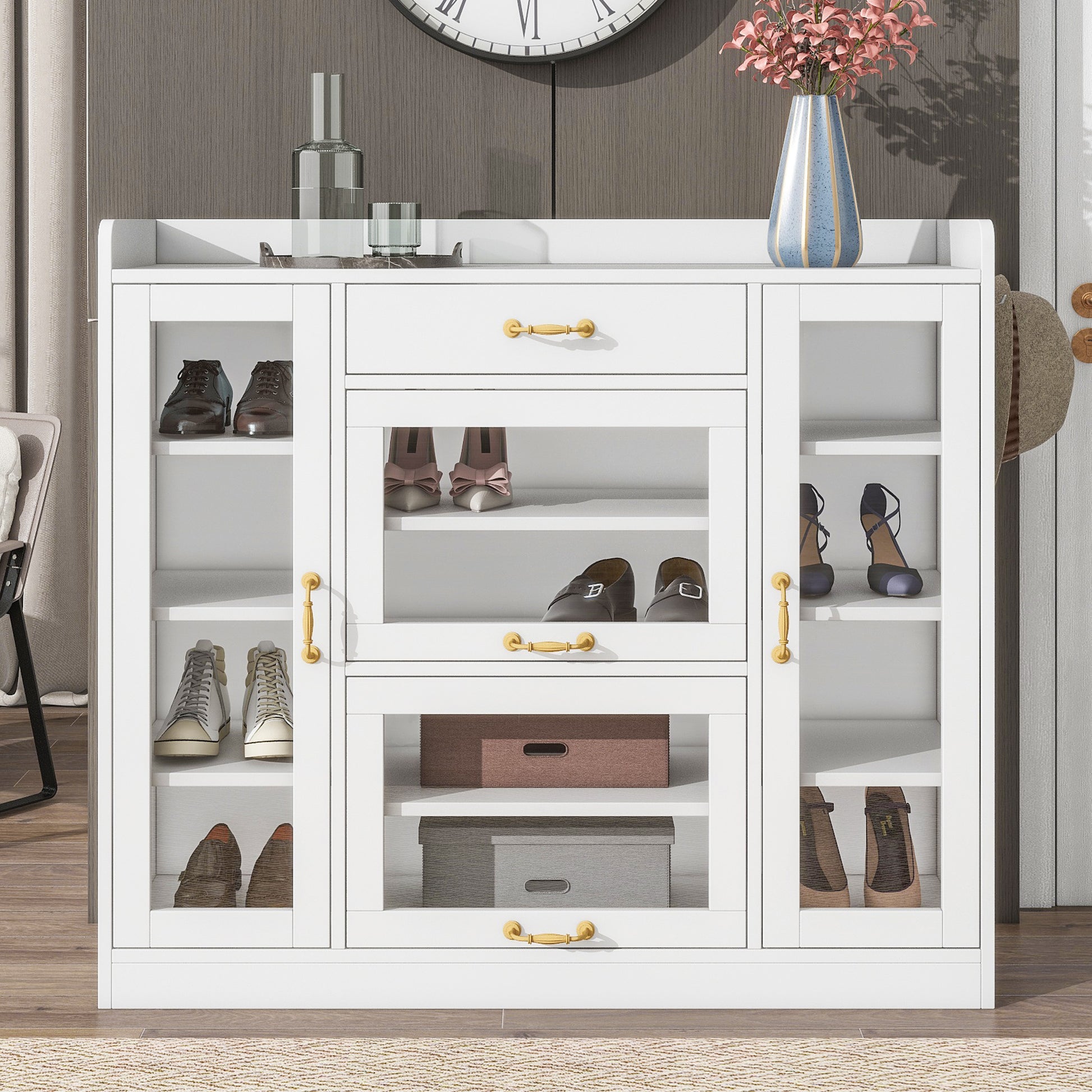 Modernist Side Cabinet With 4 Glass Doors & 3 Hooks, Freestanding Shoe Rack With Multiple Adjustable Shelves, Versatile Display Cabinet With Gold Handles For Hallway, Living Room, White 5 Or More Spaces White Primary Living Space Adjustable Shelves