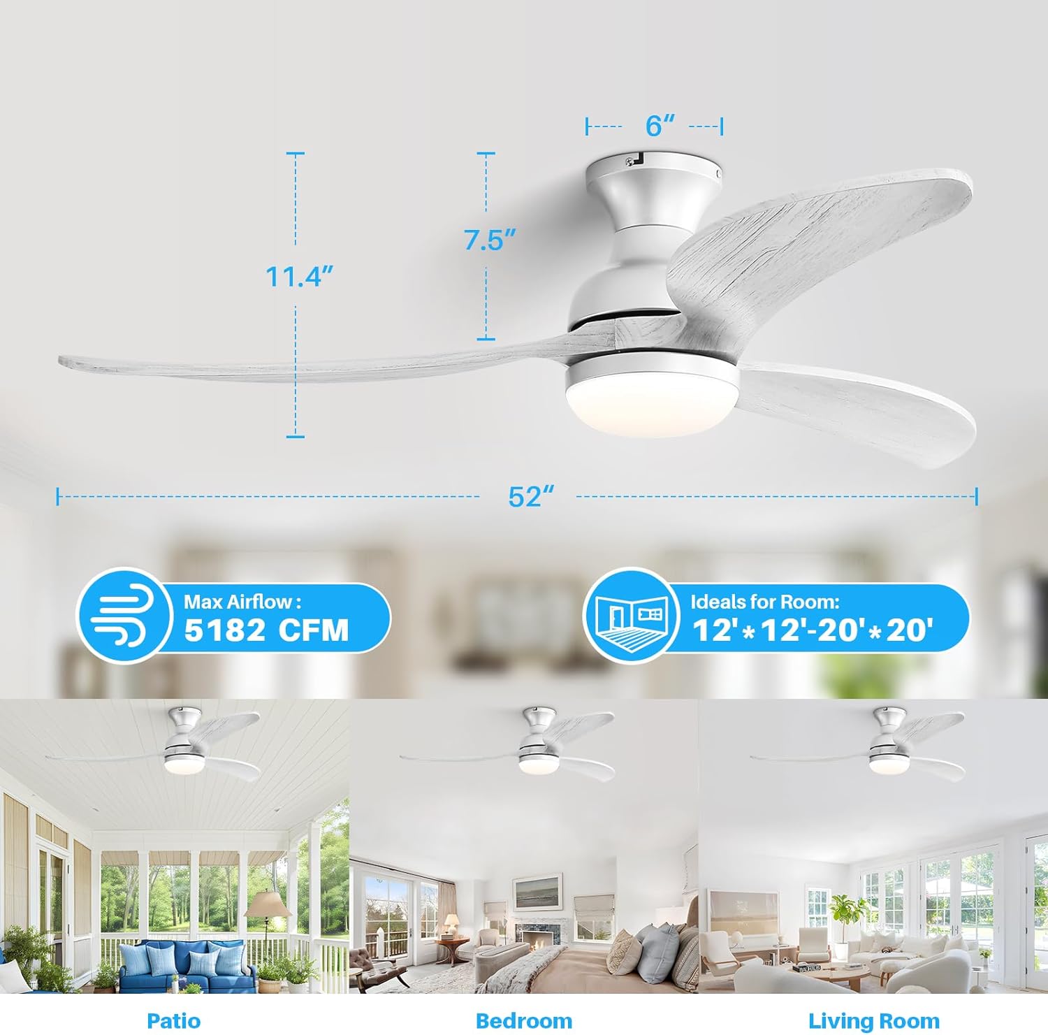 52 Inch Modern Ceiling Fan With 3 Color Dimmable Solid Wood Blades Remote Control Reversible Dc Motor For Bedroom Silver Metal & Wood