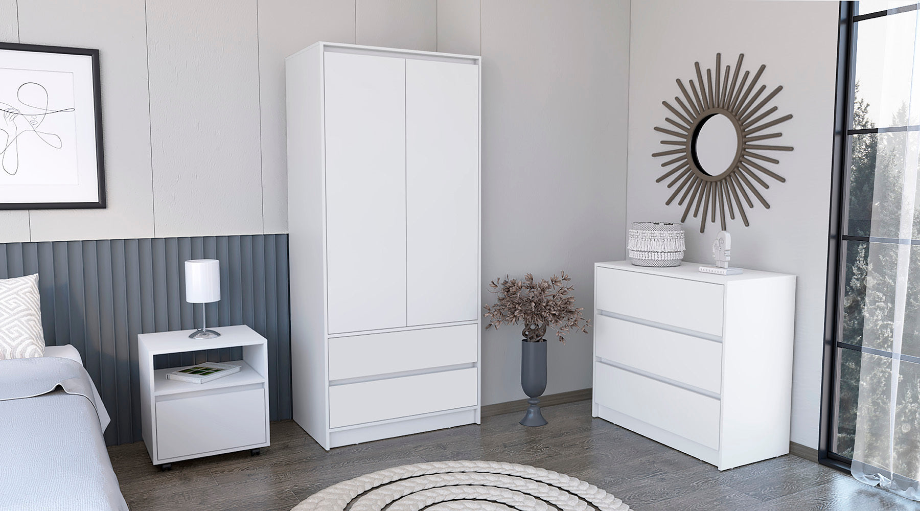Beloit 3 Piece Bedroom Set, Nightstand Dresser Armoire, White White Particle Board Engineered Wood