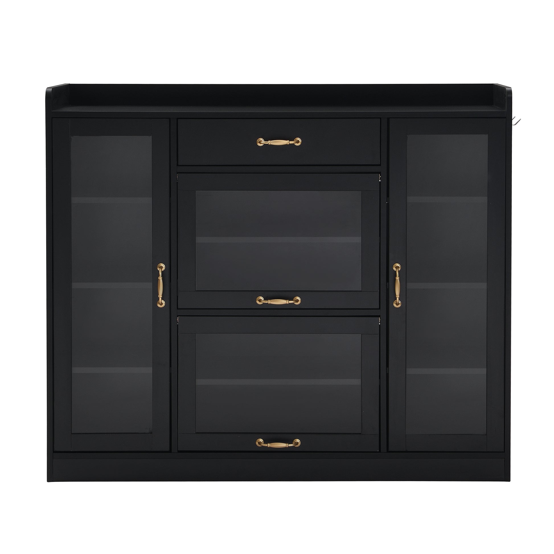 Modernist Side Cabinet With 4 Glass Doors & 3 Hooks, Freestanding Shoe Rack With Multiple Adjustable Shelves, Versatile Display Cabinet With Gold Handles For Hallway, Living Room, Black 5 Or More Spaces Black Primary Living Space Adjustable Shelves