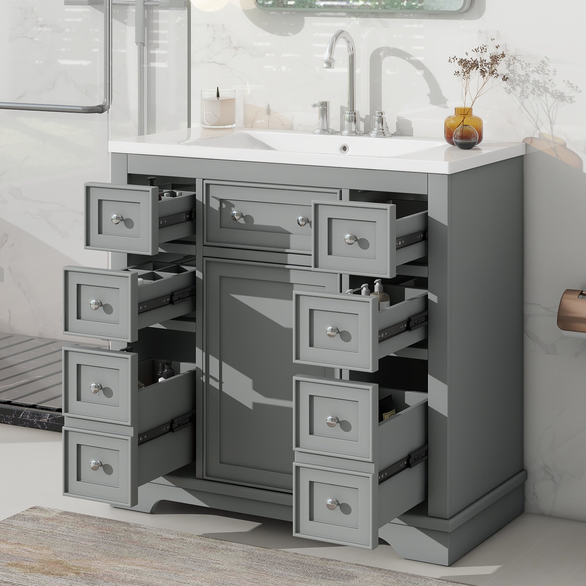 36" Bathroom Vanity With Sink Combo, One Cabinet And Six Drawers, Solid Wood And Mdf Board, Grey Grey Solid Wood Mdf