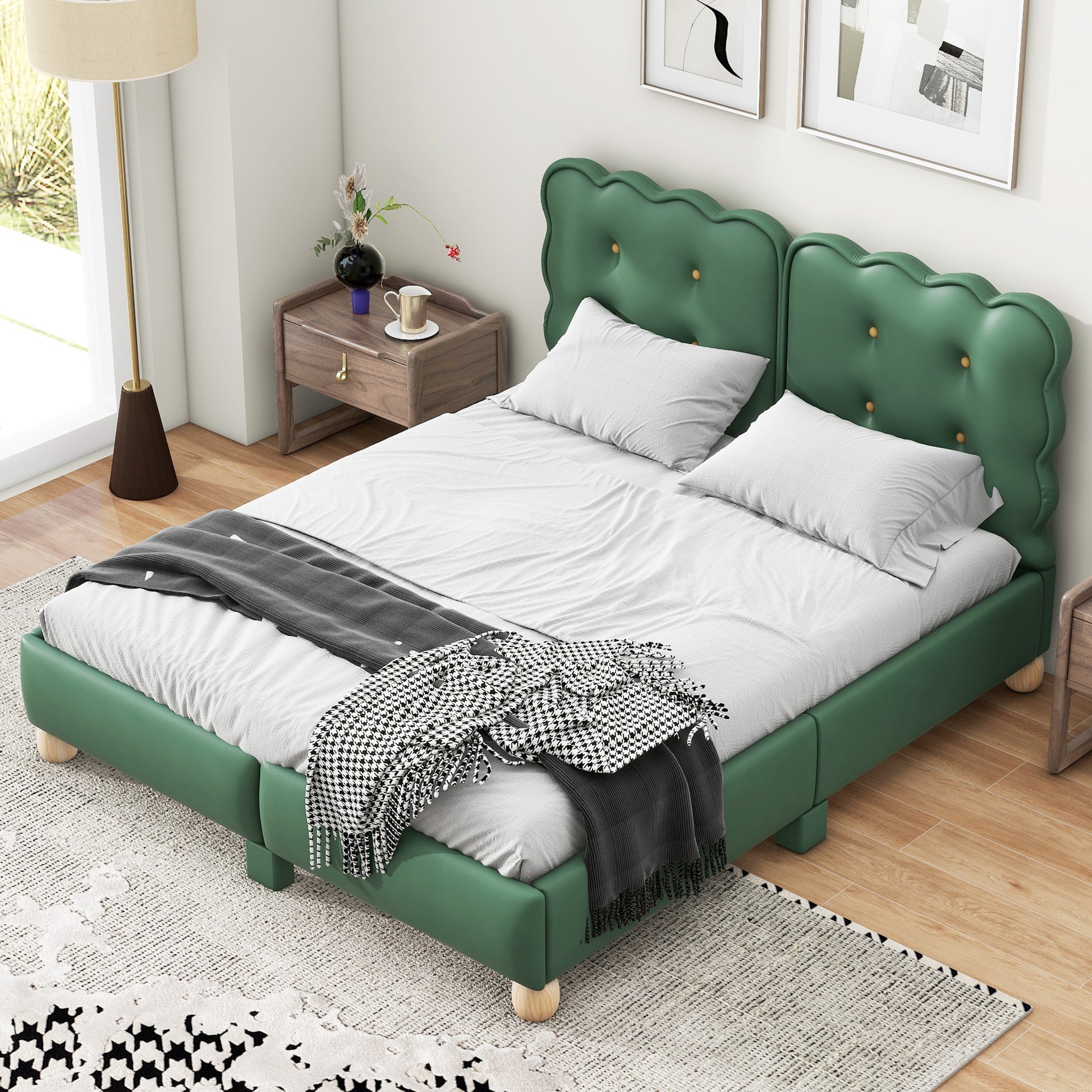 Queen Size Upholstered Platform Bed With Support Legs,Green Green Upholstered