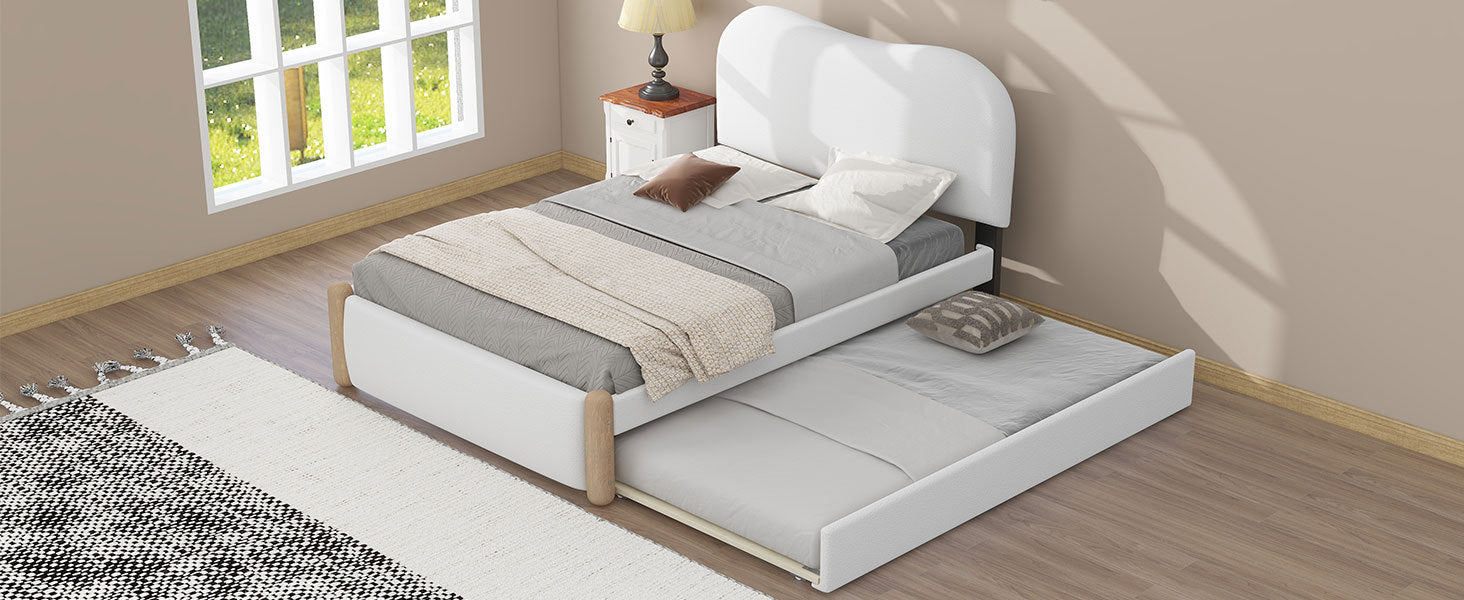 Twin Size Upholstered Platform Bed With Wood Supporting Feet And Twin Size Trundle, White Box Spring Not Required Twin White Wood Bedroom Bed Frame Upholstered