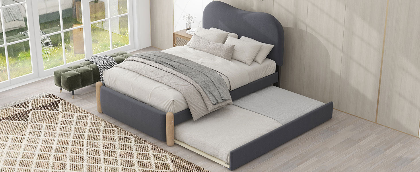 Twin Size Upholstered Platform Bed With Wood Supporting Feet And Twin Size Trundle, Gray Box Spring Not Required Twin Gray Wood Bedroom Bed Frame Upholstered