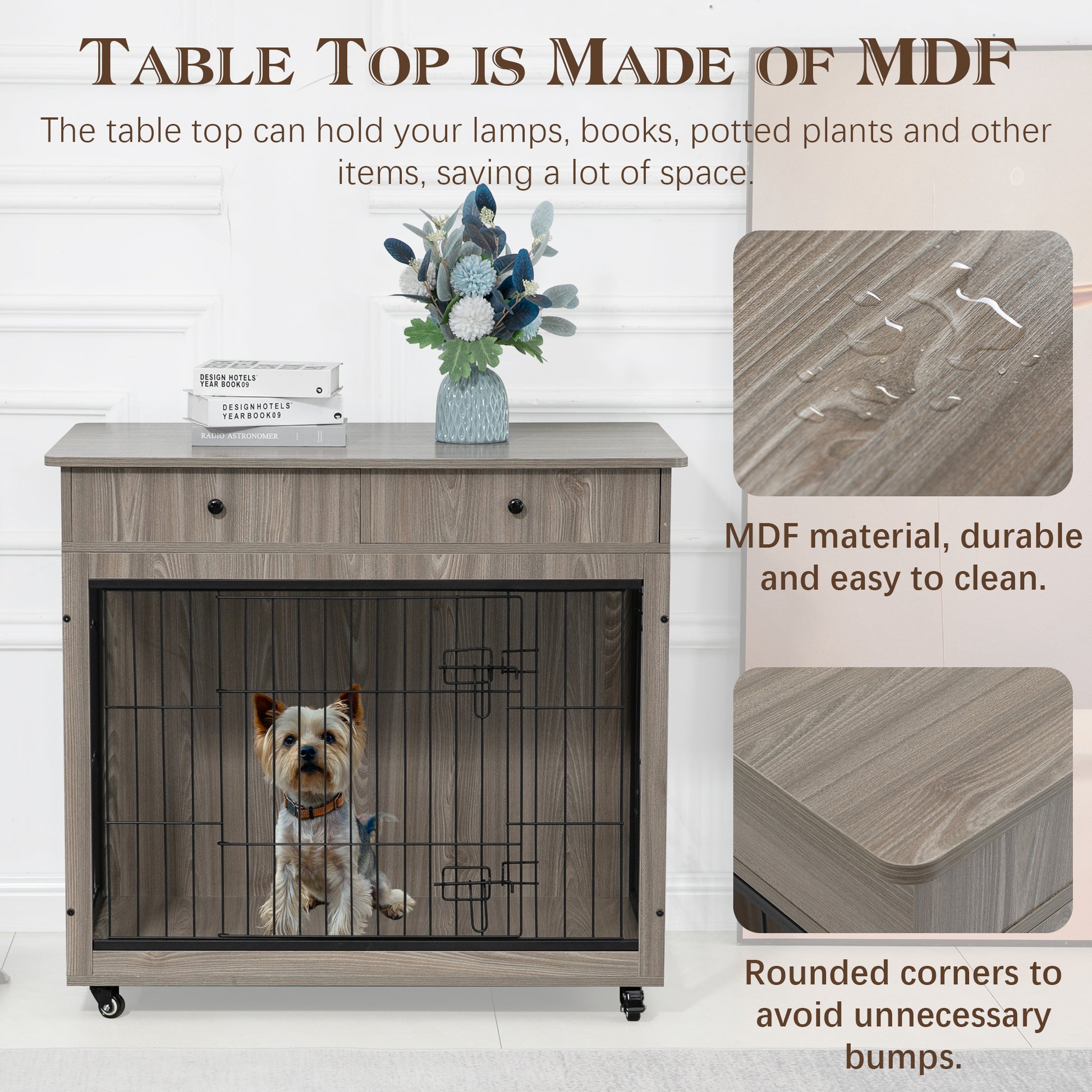 Dog Crate Furniture, Wooden Dog House, Decorative Dog Kennel With Drawer, Indoor Pet Crate End Table For Small Dog, Steel Tube Dog Cage, Chew Proof, Grey 31.7" L 23.2" W 33" H Grey Mdf Steel