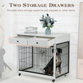 Dog Crate Furniture, Wooden Dog Crate End Table, 38.4 Inch Dog Kennel With 2 Drawers Storage, Heavy Duty Dog Crate, Decorative Pet Crate Dog Cage For Large Indoor Use White 38.4