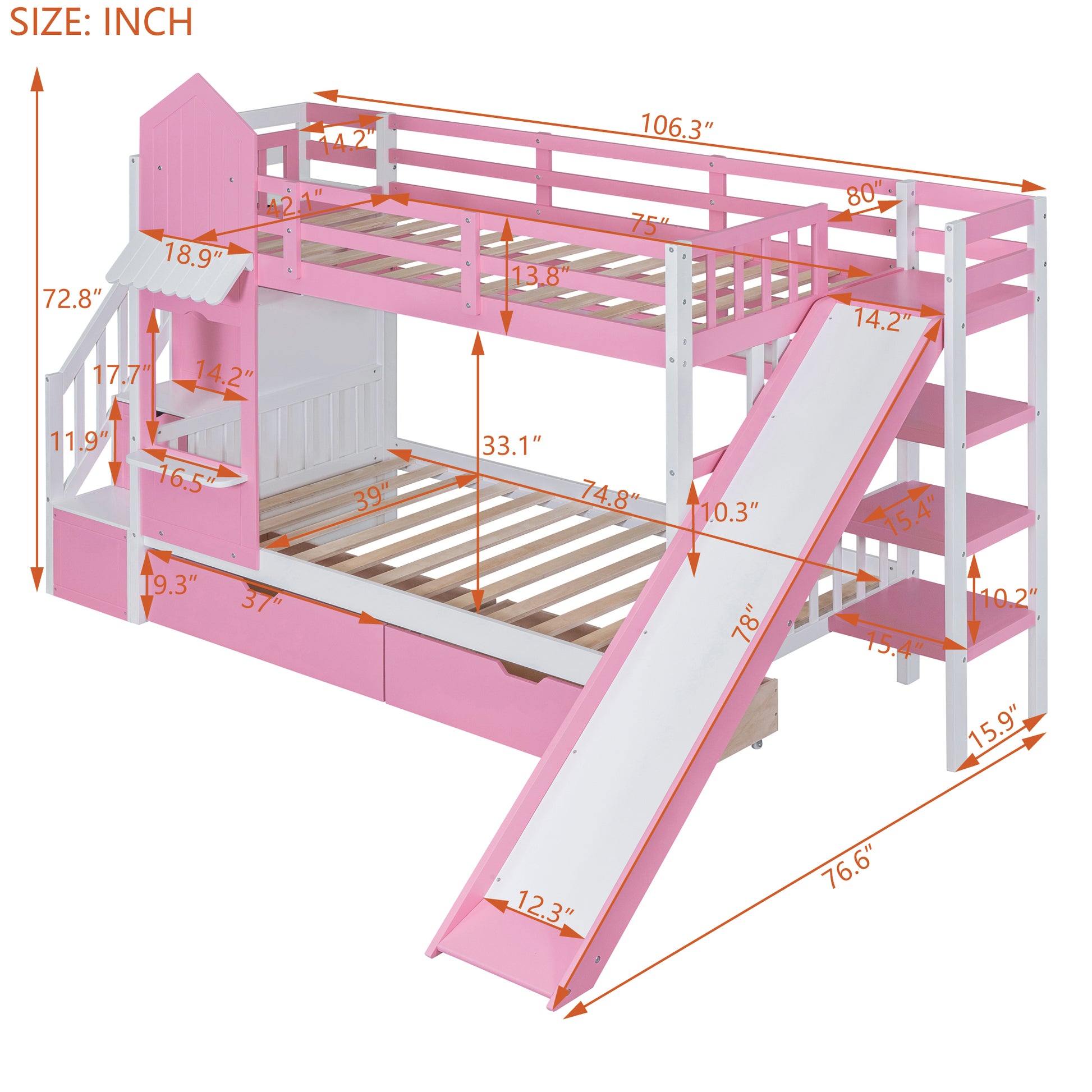 Twin Over Twin Castle Style Bunk Bed With 2 Drawers 3 Shelves And Slide Pink Pink Solid Wood