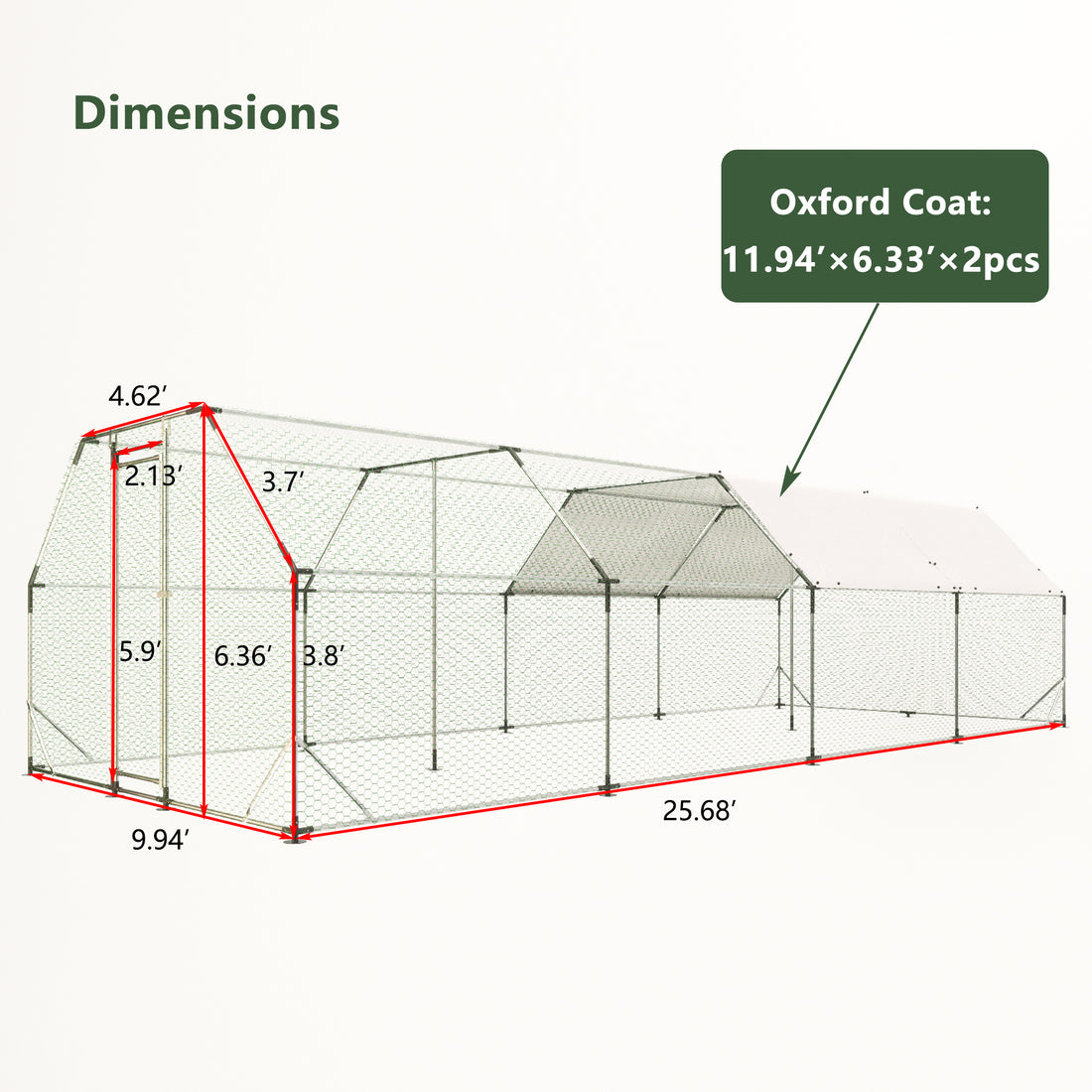 9.94 Ft. X 25.68 Ft. Galvanized Large Metal Walk In Chicken Coop Cage Farm Poultry Run Hutch Hen House Silver Metal