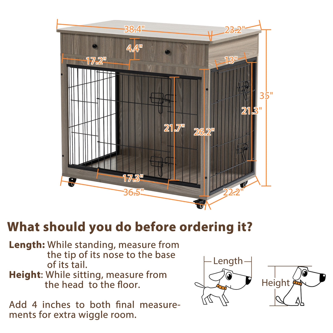 Dog Crate Furniture, Wooden Dog Crate End Table, 38.4 Inch Dog Kennel With 2 Drawers Storage, Heavy Duty Dog Crate, Decorative Pet Crate Dog Cage For Large Indoor Use Grey 38.4" L 23.2" W 35" H Grey Mdf Steel