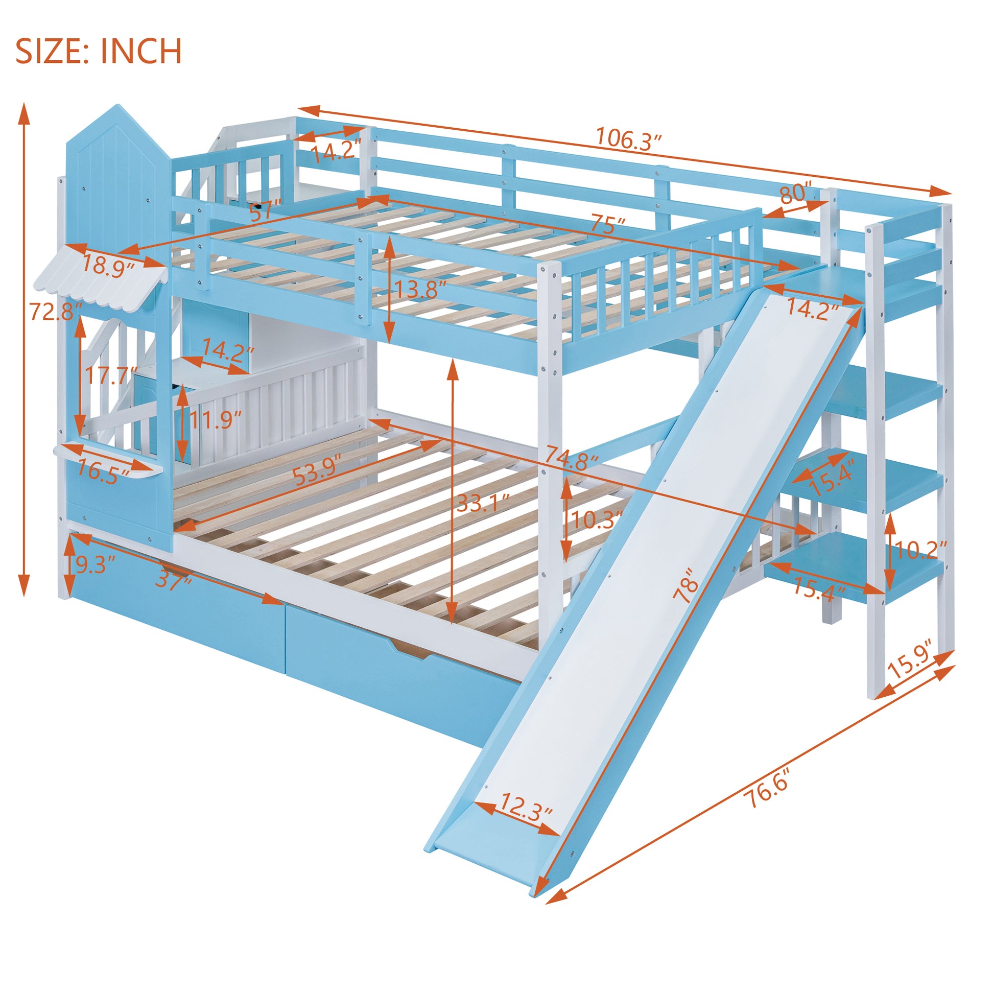 Full Over Full Castle Style Bunk Bed With 2 Drawers 3 Shelves And Slide Blue Blue Solid Wood