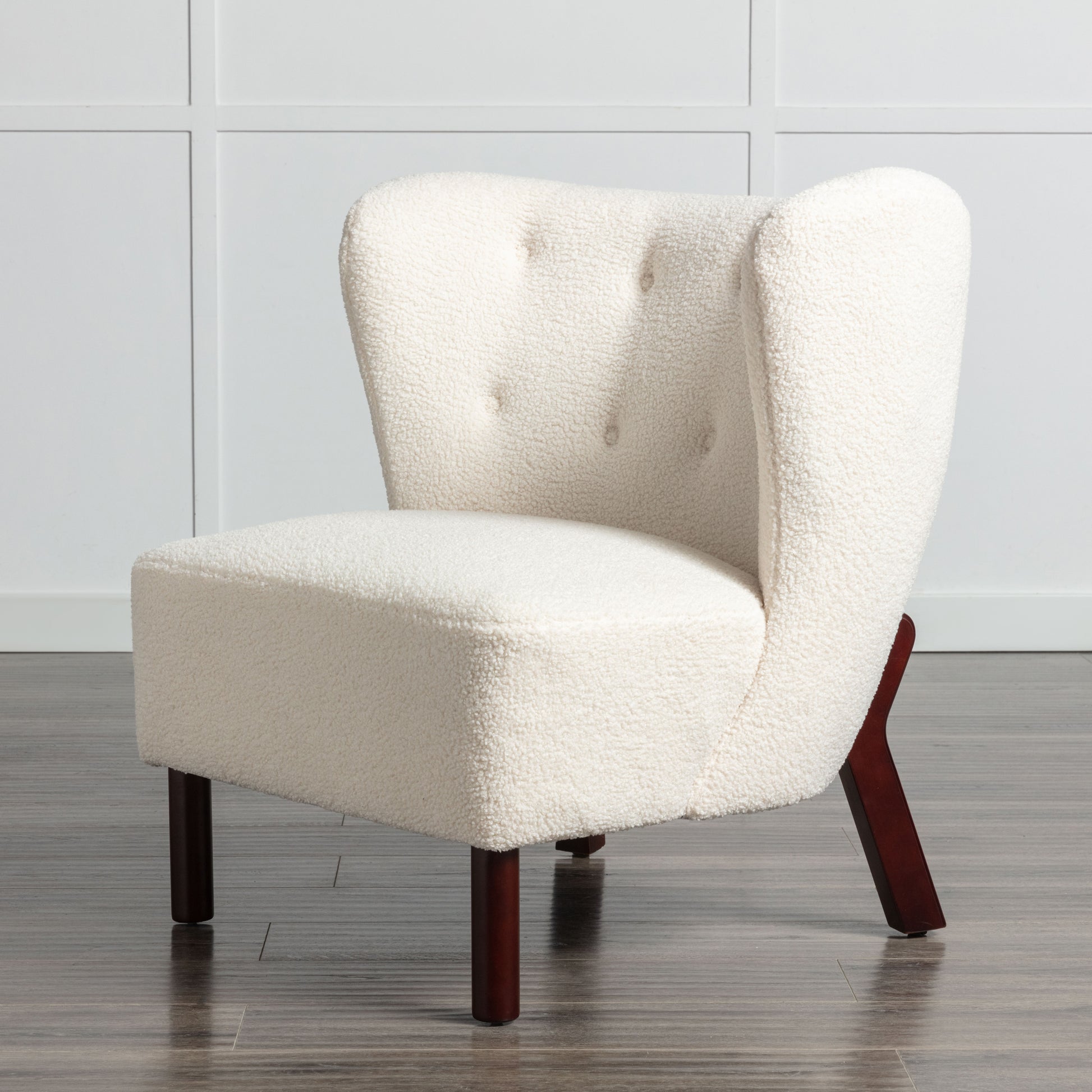 Accent Chair, Upholstered Armless Chair Lambskin Sherpa Single Sofa Chair With Wooden Legs, Modern Reading Chair For Living Room Bedroom Small Spaces Apartment, Cream Cream Polyester