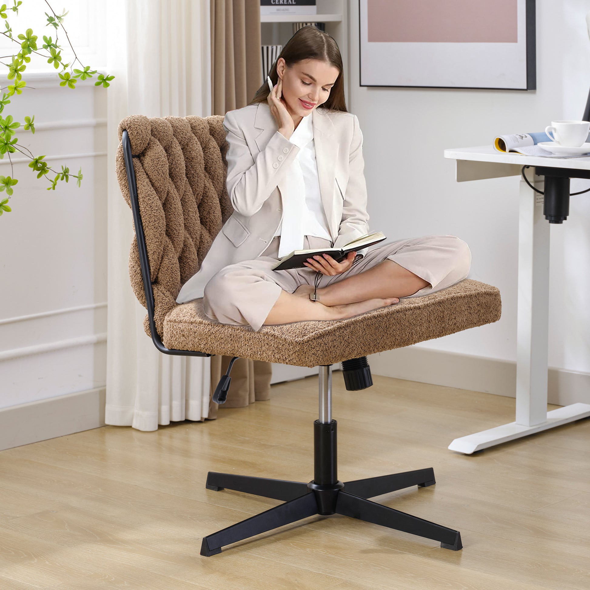 Armless Office Desk Chair No Wheels, Brown Brown Foam Polyester Blend