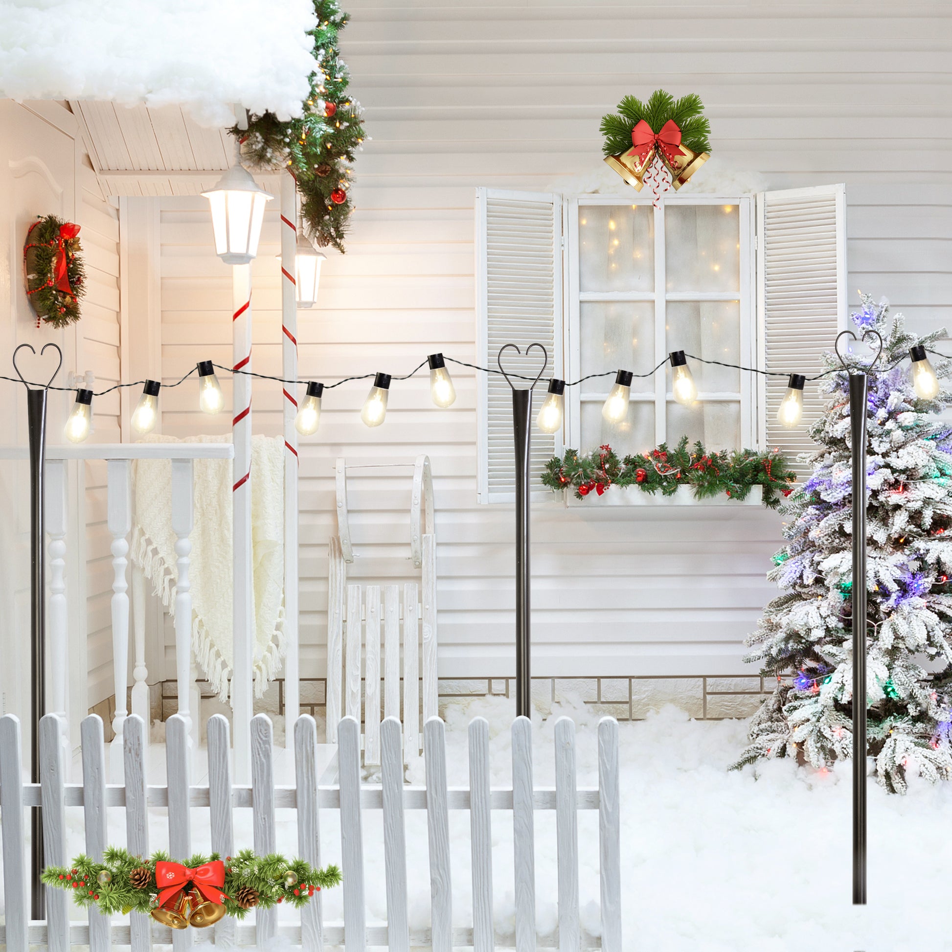 Set Of 6 Rc String Light Pole, 9 Ft Lighting Stand With Heart Shape Hooks, Led Solar Bulbs For Parties, Christmas Black Metal