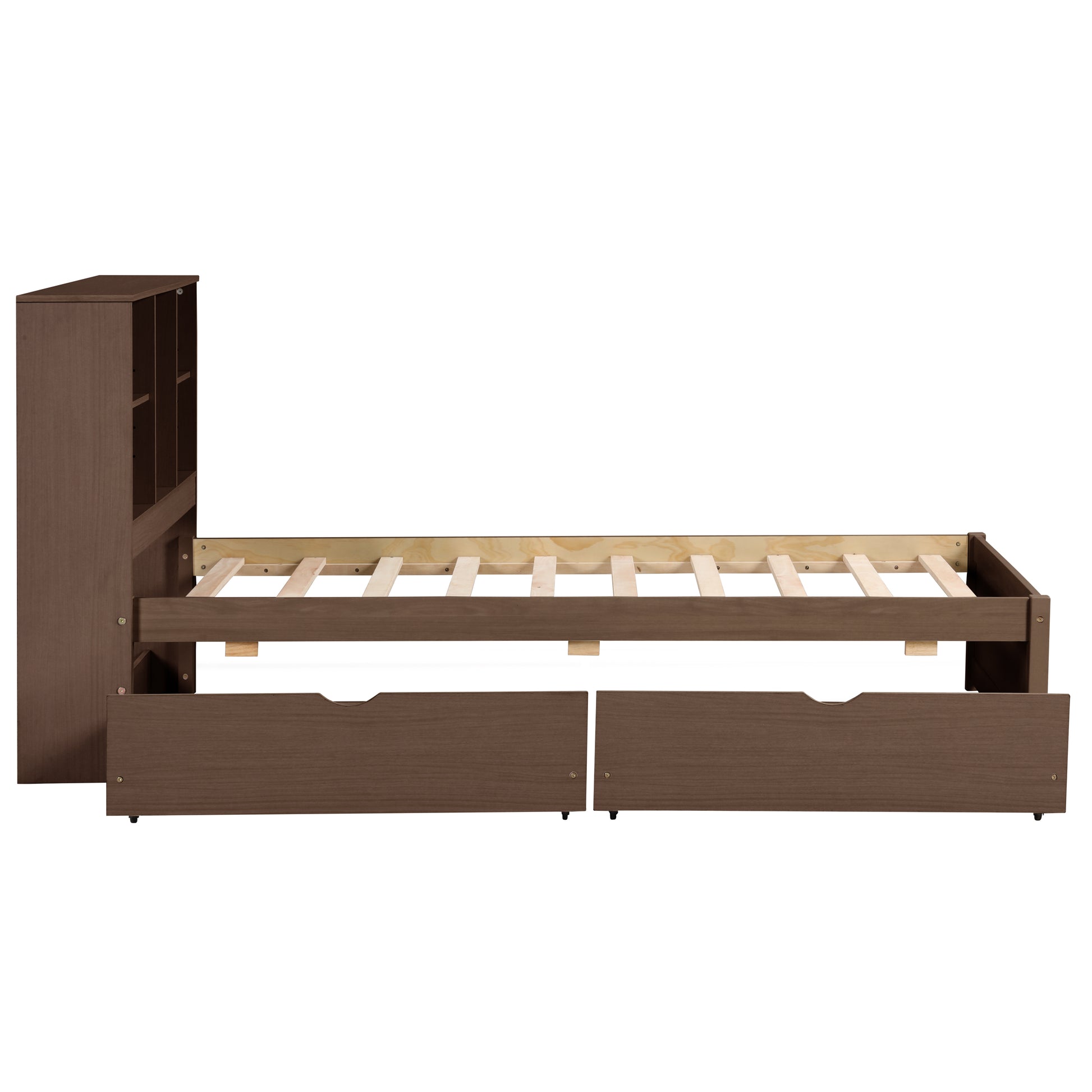 Modern Twin Size Bed Frame With Built In Usb Port On Bookcase Headboard And 2 Drawers For Walnut Color Box Spring Not Required Twin Walnut Bedroom Bed Frame Particle Board