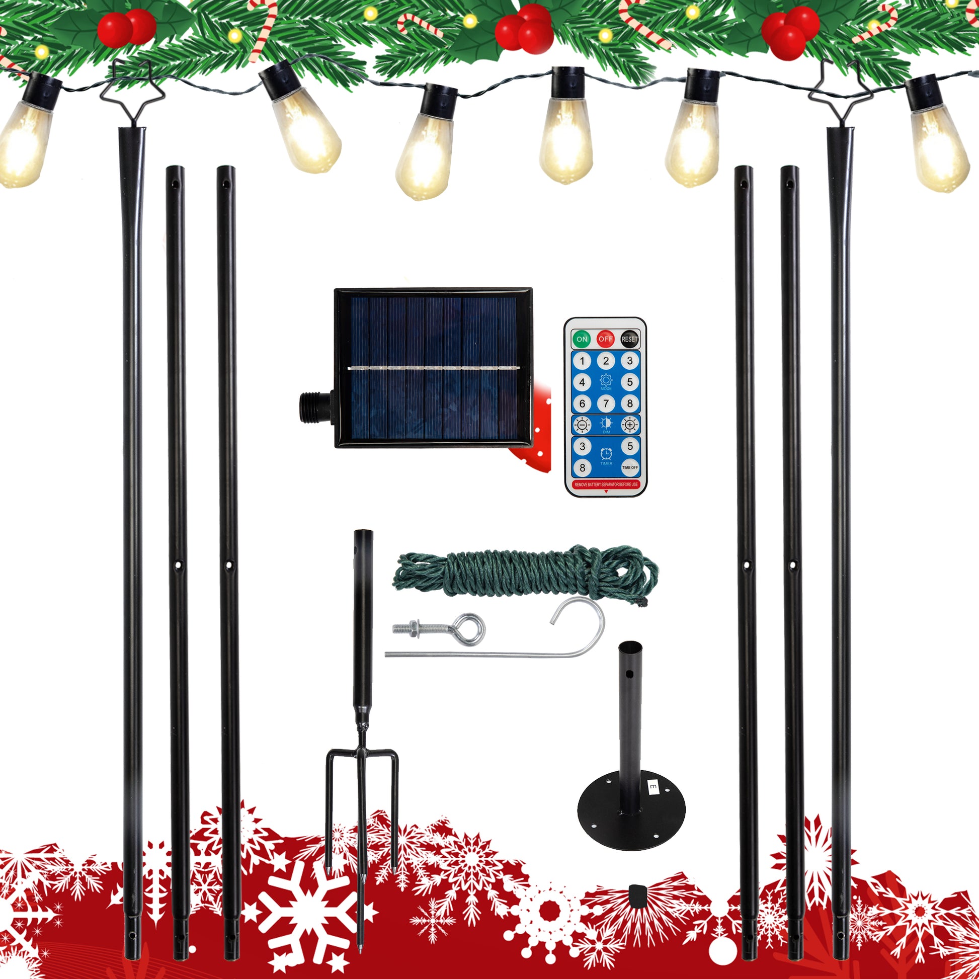 Set Of 6 Rc String Light Pole, 9 Ft Lighting Stand With Star Shape Hooks, Led Solar Bulbs For Parties, Christmas Black Metal