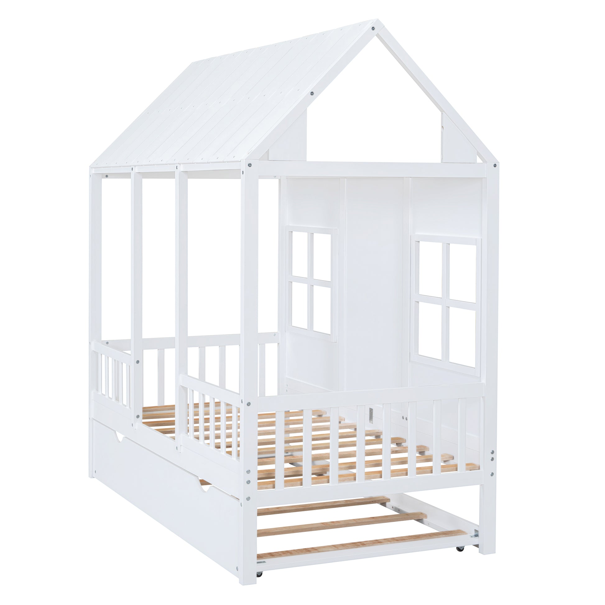 Twin Size Wood House Bed With Twin Size Trundle, Wooden Daybed, White White Solid Wood