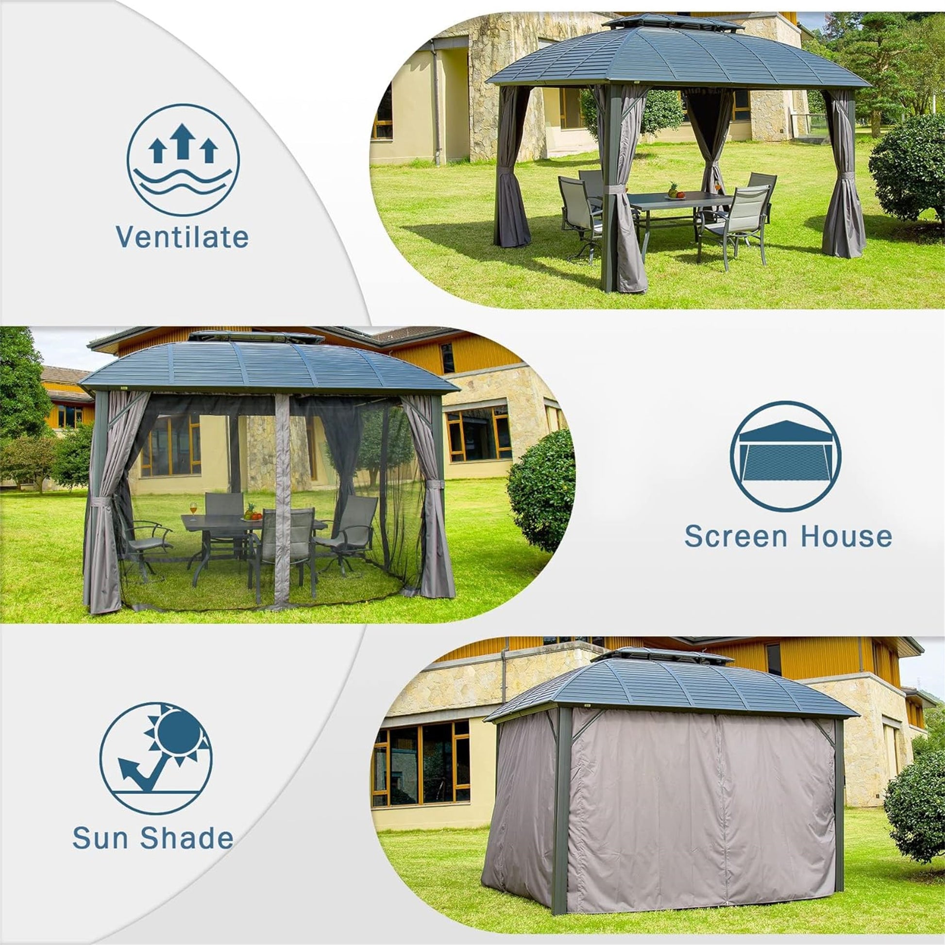 Outdoor Gazebo 10'X12', Permanent Hardtop Gazebo With Aluminum Frame For Patios Deck Backyard, Galvanized Steel Double Roof, Curtains And Netting For Lawns, Garden, Poolside Black Metal