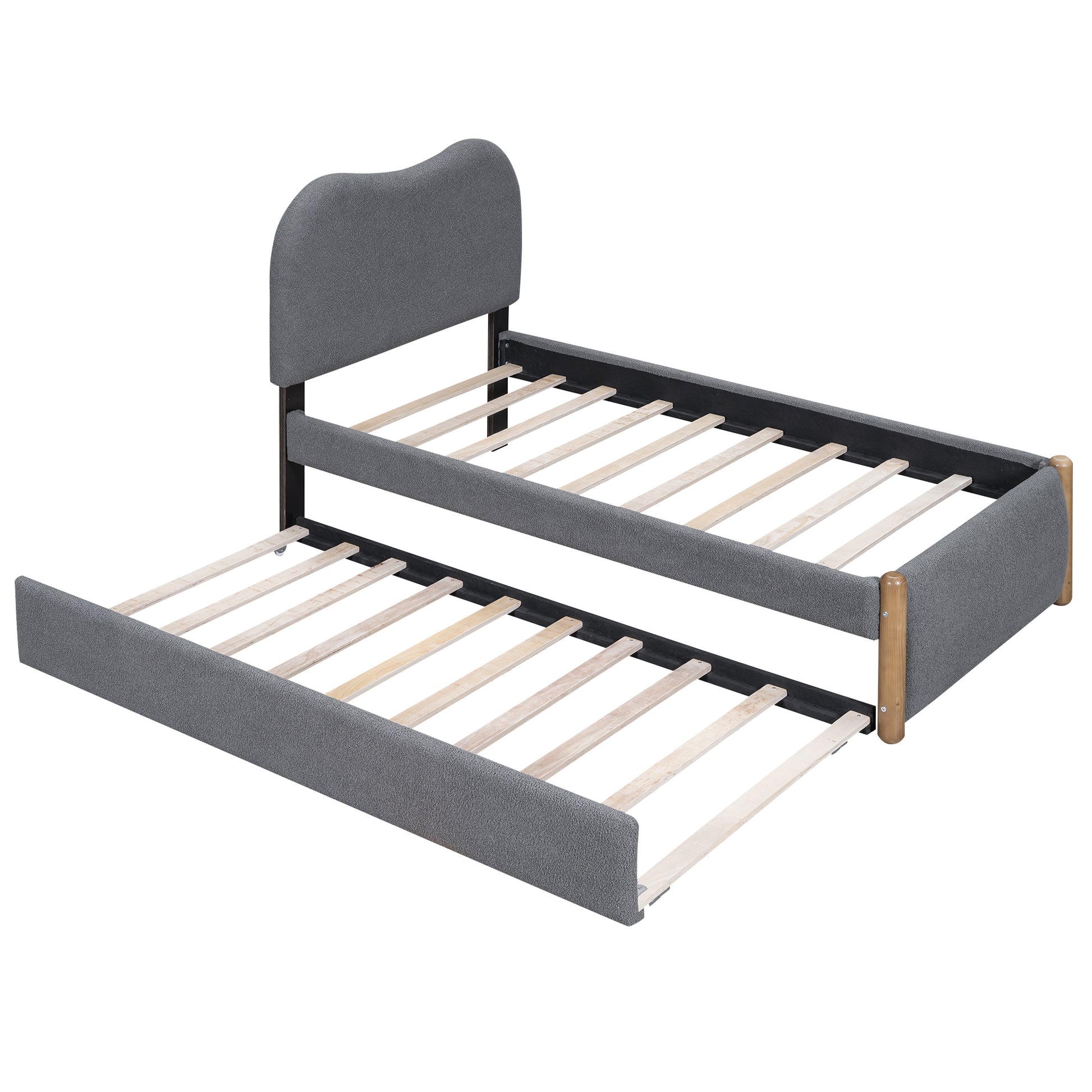 Twin Size Upholstered Platform Bed With Wood Supporting Feet And Twin Size Trundle, Gray Box Spring Not Required Twin Gray Wood Bedroom Bed Frame Upholstered