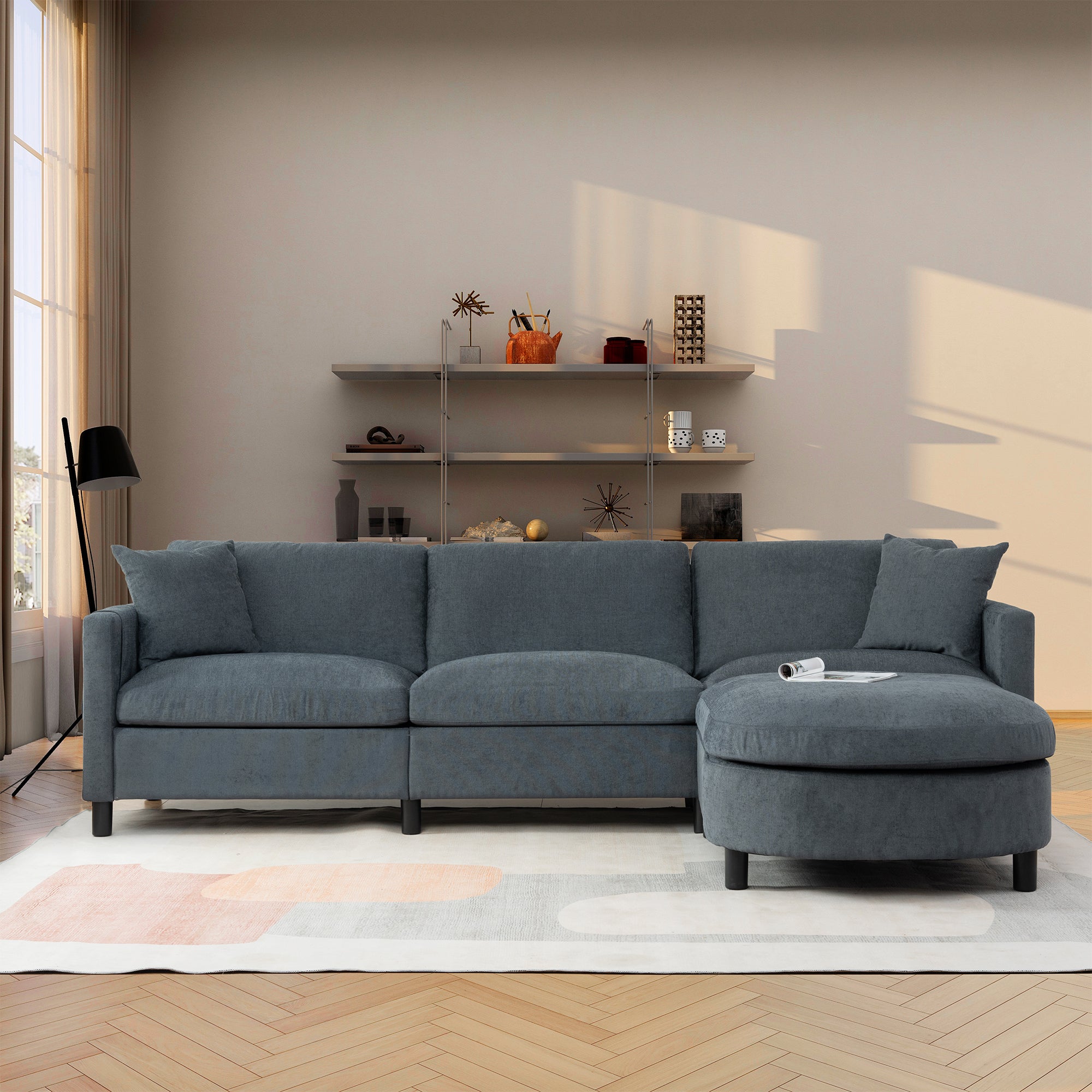 107.87'Sectional Sofa Couch With 1 Ottoman,Seat Cushion And Back Cushion Removable Dark Gray Polyester