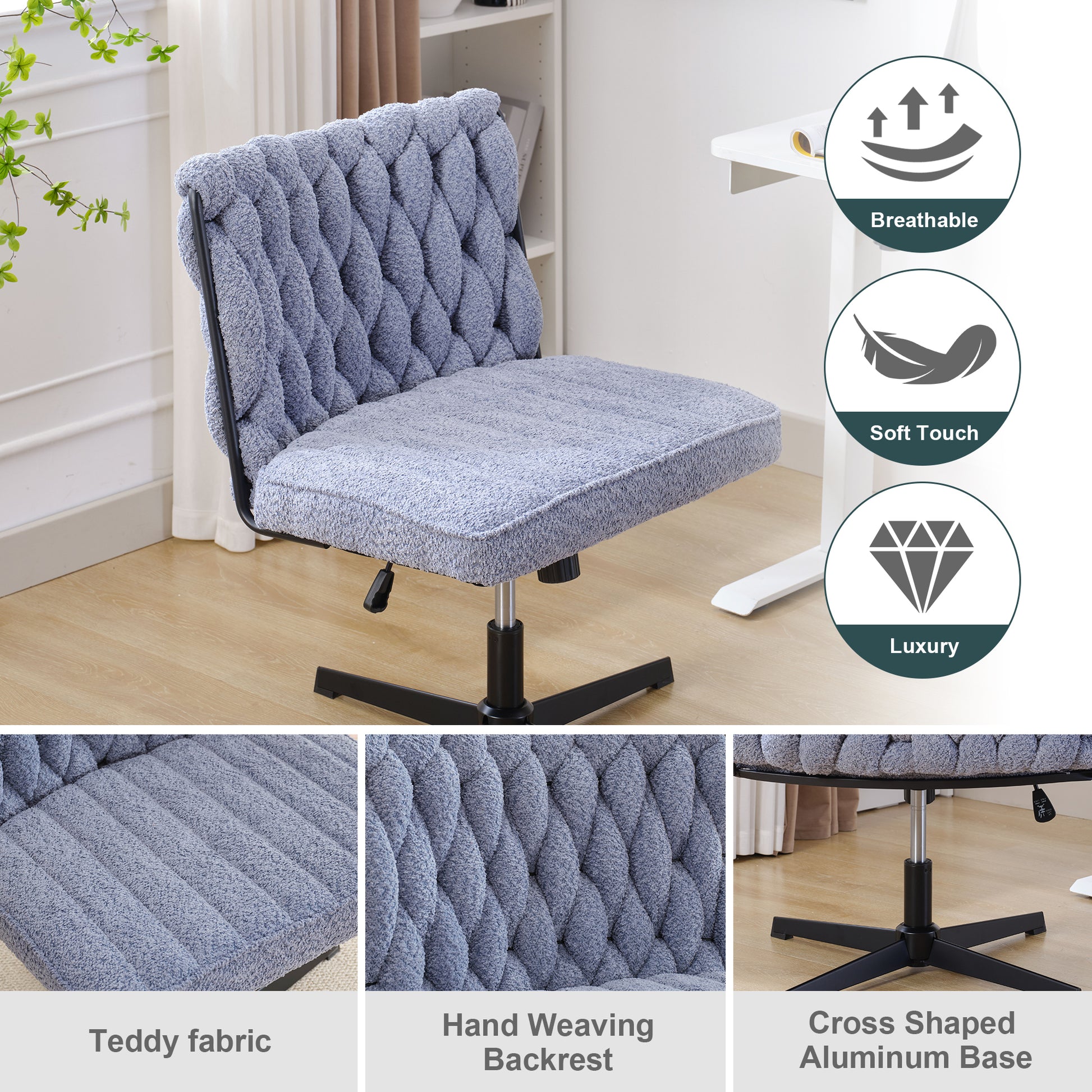 Armless Office Desk Chair No Wheels, Blue Blue Foam Polyester Blend