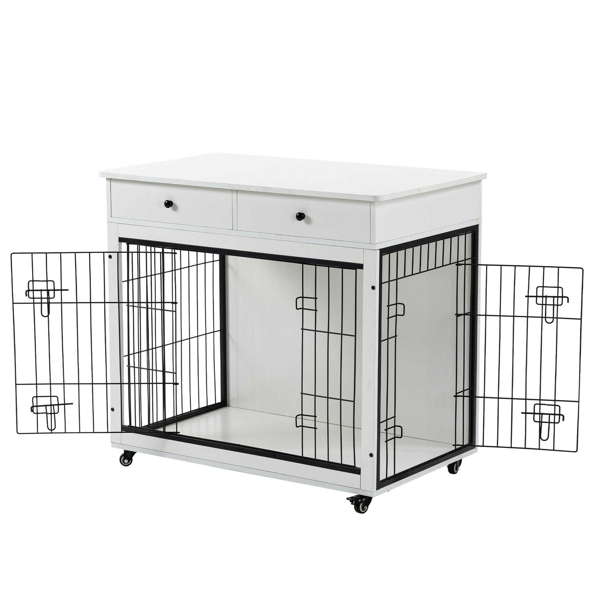 Dog Crate Furniture, Wooden Dog Crate End Table, 38.4 Inch Dog Kennel With 2 Drawers Storage, Heavy Duty Dog Crate, Decorative Pet Crate Dog Cage For Large Indoor Use White 38.4" L 23.2" W 35" H White Mdf Steel